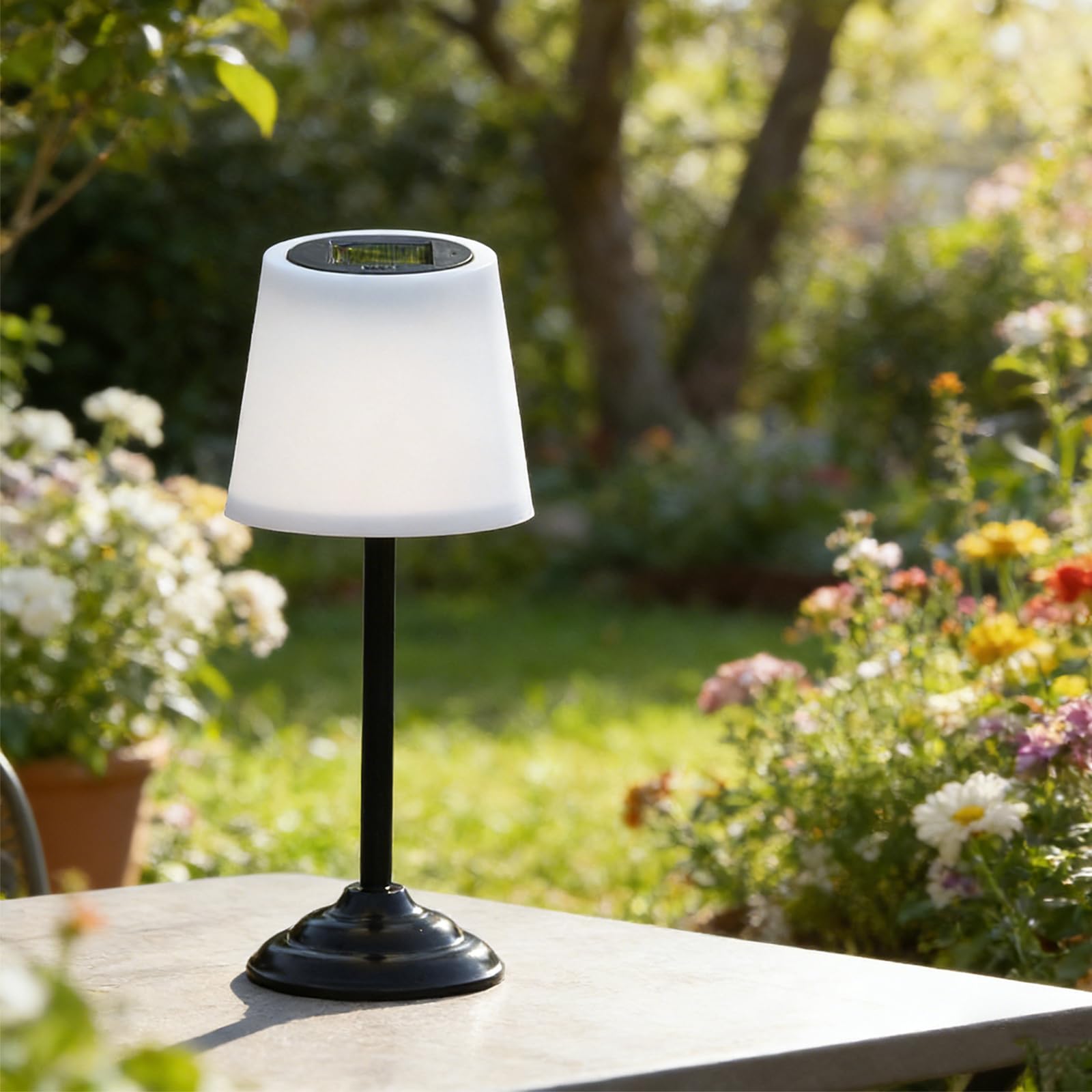 BYZESTY Juego de 2 lámparas solares de mesa para exteriores, lámpara de mesa solar, sin cable, color blanco cálido, para exterior, mesa con sensor de luz, sin cable para jardín, terraza, balcón