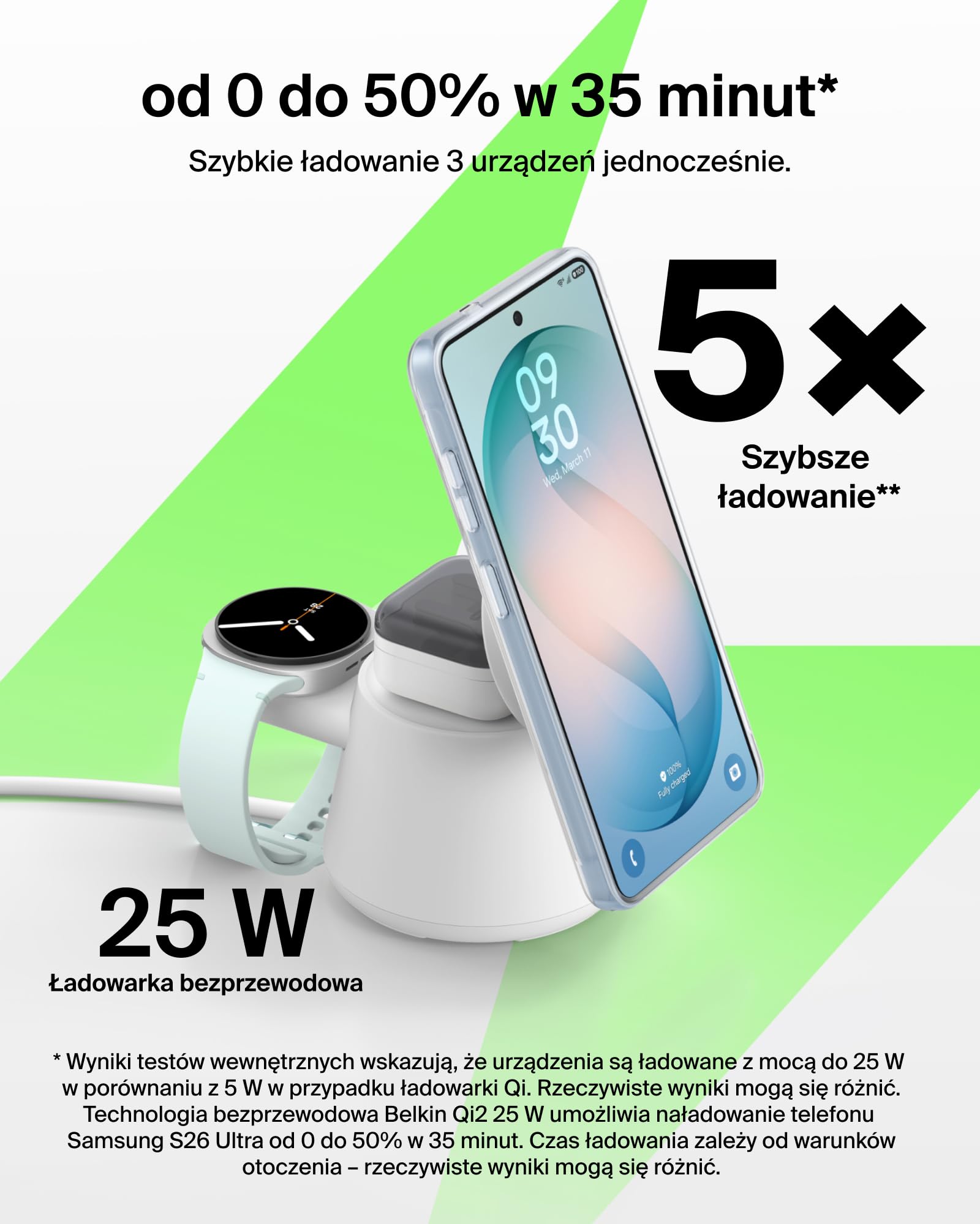 Belkin UltraCharge Bezprzewodowa Stacja Ładująca 3 w 1 z Qi2, 25 W – Biała | Ładowarka Magnetyczna do Urządzeń iPhone, Galaxy, Słuchawek i Smartwatchy, Certyfikat Qi2.2, Port USB-C, z Zasilaczem 45 W