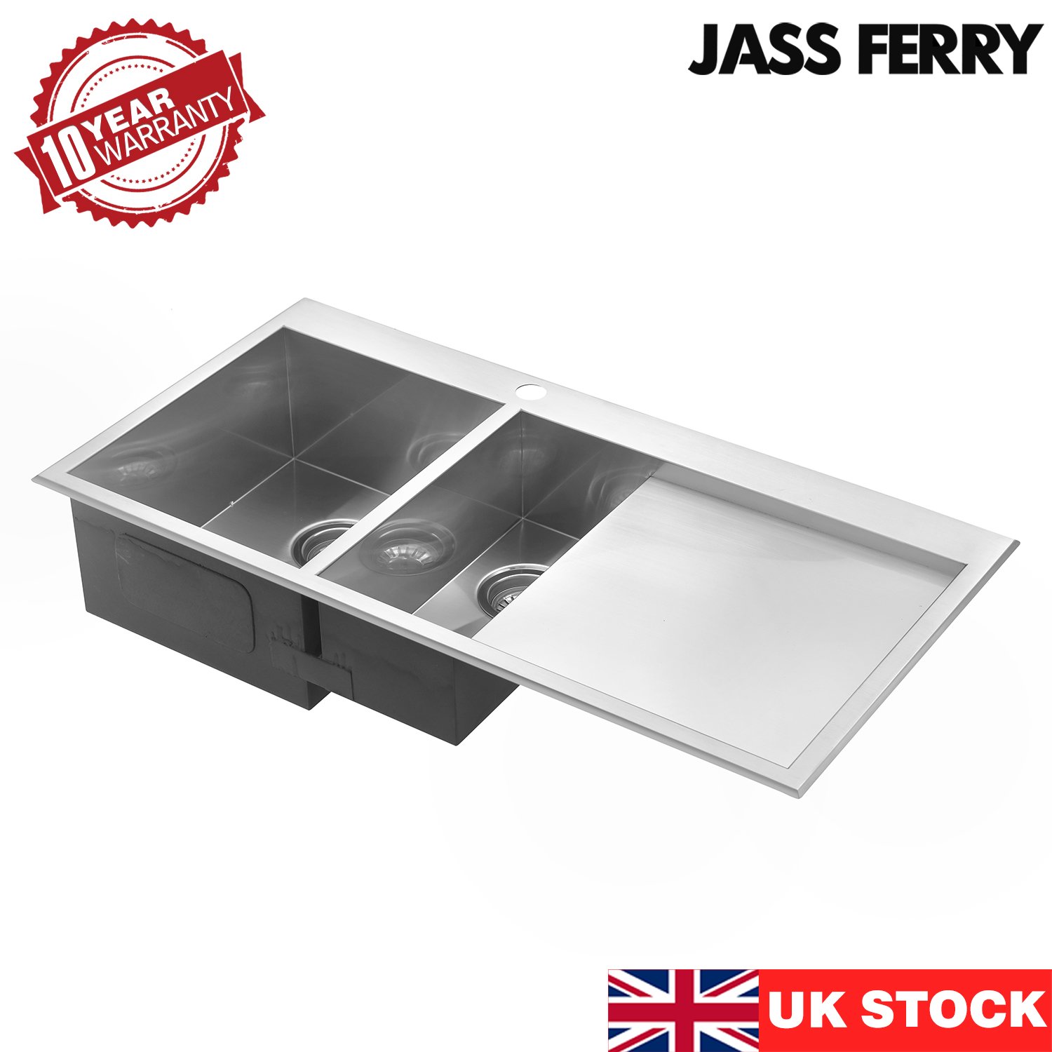 JASS Ferry - Lavello da cucina in acciaio INOX di alta qualità, spessore 1,2 mm, realizzato a mano, 1,5 ciotole, scolapiatti a destra con filtro per tubi di scarico