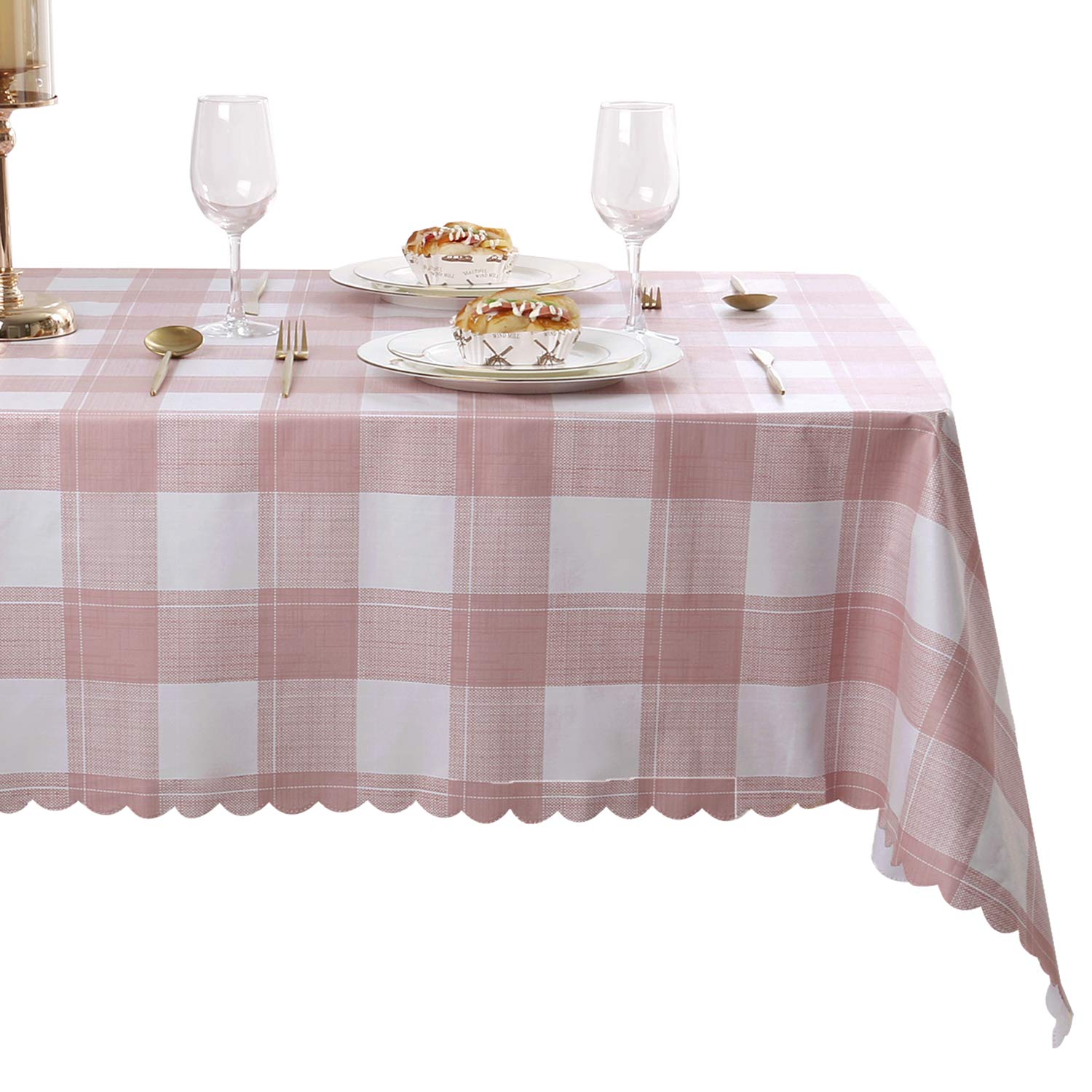 Hiasan Buffalo Plaid Valentines Day PVC Tablecloth Square - 100% Waterproof Spillproof Stain Resistant Wipeable Easter Vinyl Checkered Table Cloth for Outdoor Picnic Kitchen Dining, 54 x 54 in, Pink