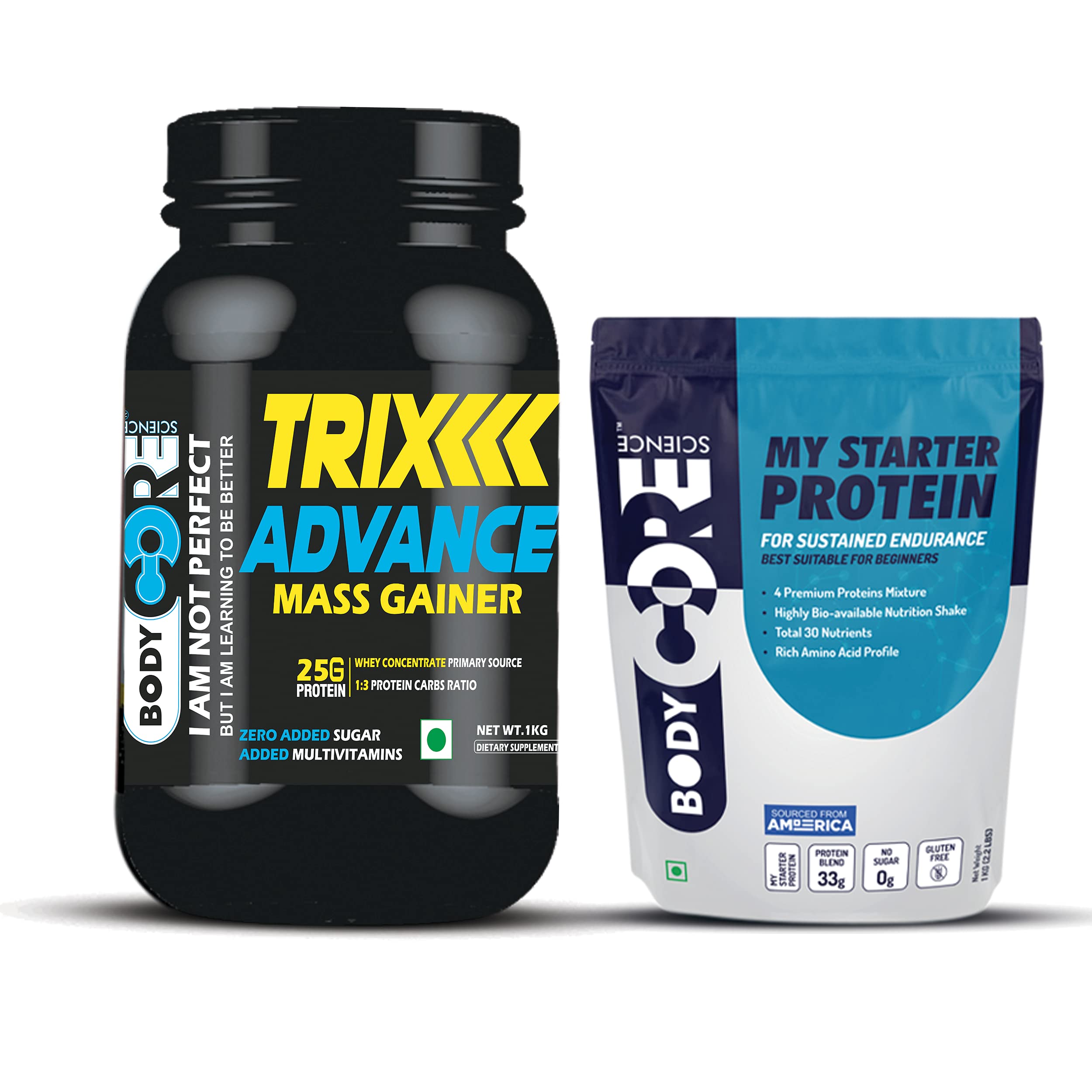 Body Core Science Trix Advance Mass Gainer-1Kg(Strawberry) With My Starter Protein-1 Kg(Chocolate) | Mass Gainer | Muscle Gainer | Weight Gainer | GYM Heavy Mass gainer | BCS Mass Gainer