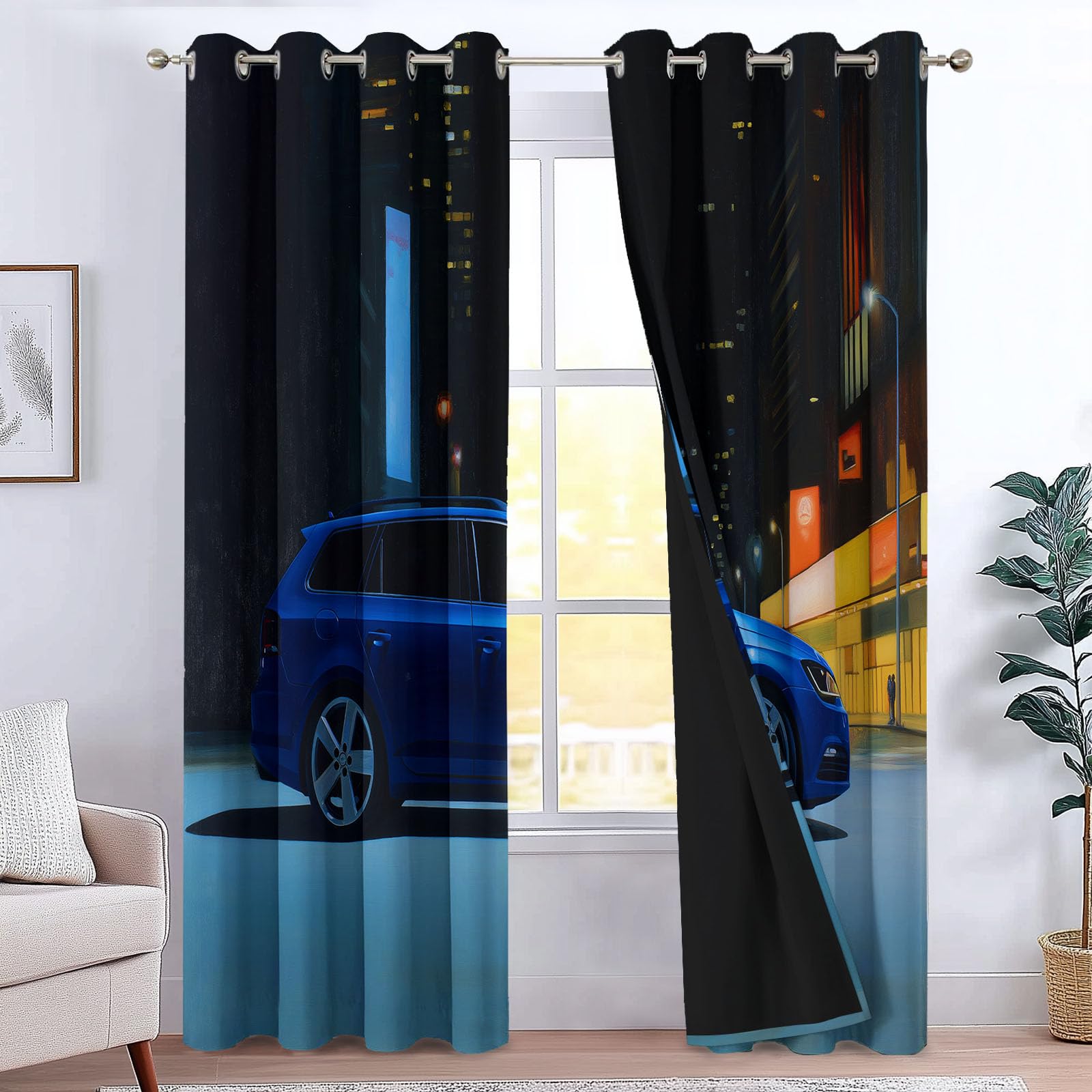 Genérico 140 x 260 cm, juego de 2 cortinas 100% opacas con aislamiento térmico para coche, moderno, coche, deportivo, tela suave e impermeable, doble cortina con ojales para dormitorio, sala de estar