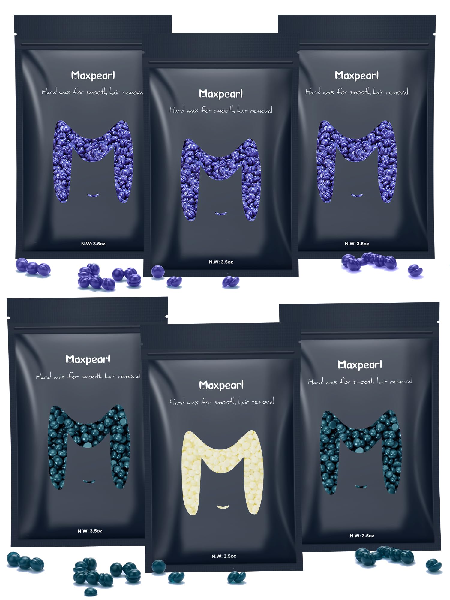 MaxpearlHard Wax Beads Pack of 6 - Brazilian, Bikini Waxing, Face, Eyebrows, Underarms, Arms, Chest, Back, Legs, Jasmine, Coconut & Lavender Formula, 21oz