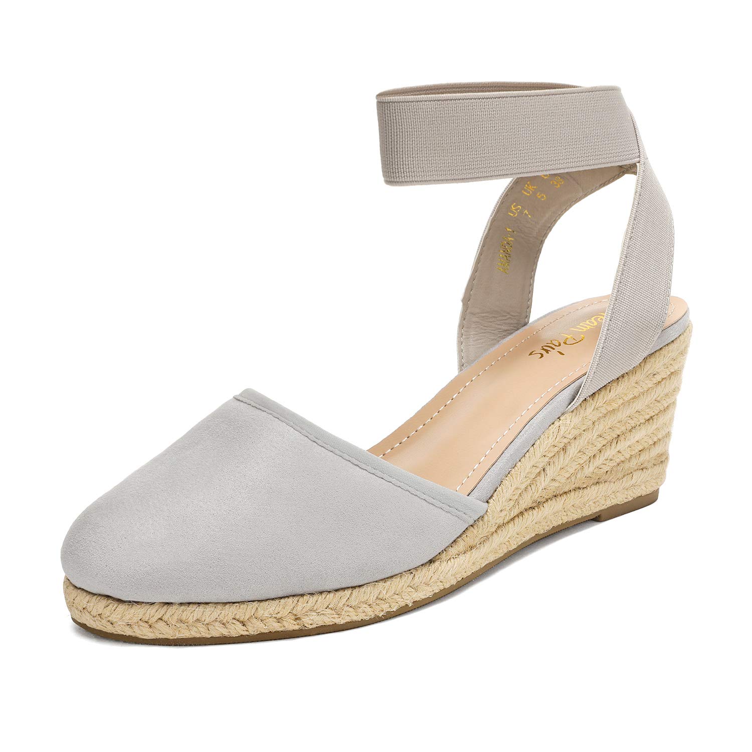 DREAM PAIRSWomen's Grey Closed Toe Elastic Ankle Strap Espadrilles Wedge Sandals Size 5 M US Amanda-1