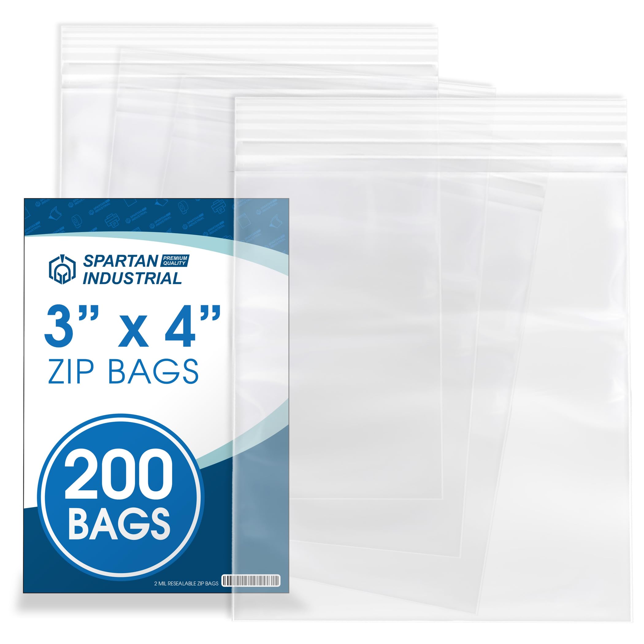 Spartan Industrial - 3” X 4” (200 Count) 2 Mil Clear Reclosable Zip Plastic Poly Bags with Resealable Lock Seal Zipper