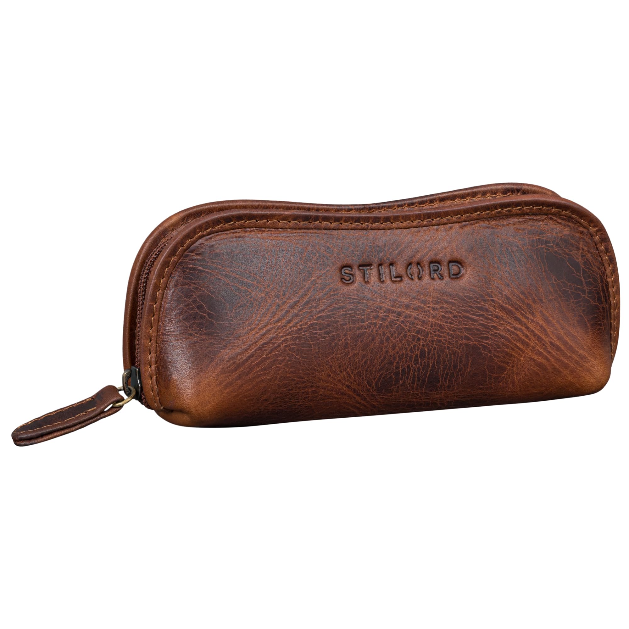 STILORD Glasgow Estuche de Gafas Cuero Funda de Gafas del Sol Bolsa Vintage con Cremallera para Almanecer y Proteger Las Gafas Llaves y Lápices Color:marrón - Medio