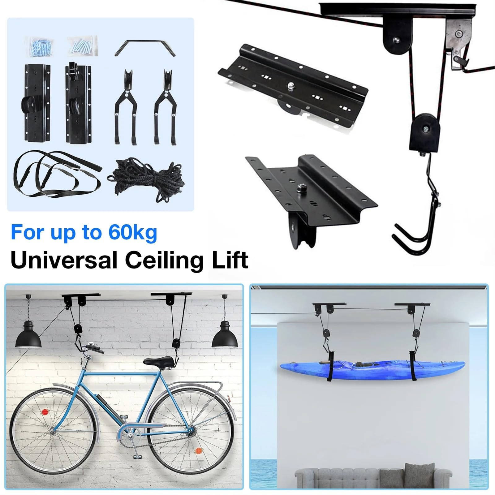 Kajak-deckenlift Universal Deckenmontage Hebezeug Lagerung Garage Kleiderbügel Lift for bis zu 60kg Praktisches Fahrradzubehör Garagen-lagerlift