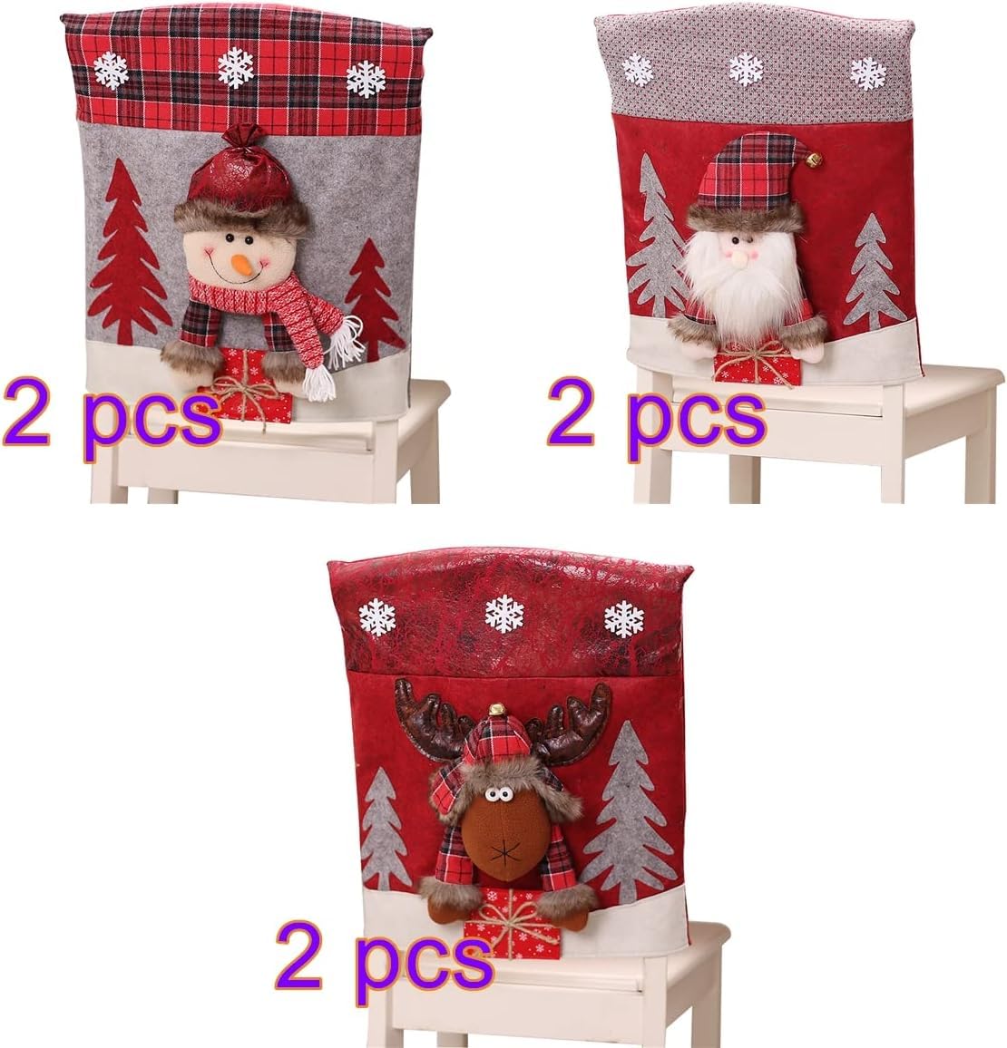 PRTECY Christmas Chair Back Covers Set of 6, 3D Cute Santa Claus Snowman Reindeer Xmas Dinner Chair Covers Christmas Dining Chair Slipcovers for Home Kitchen Holiday Festive Party Decorations