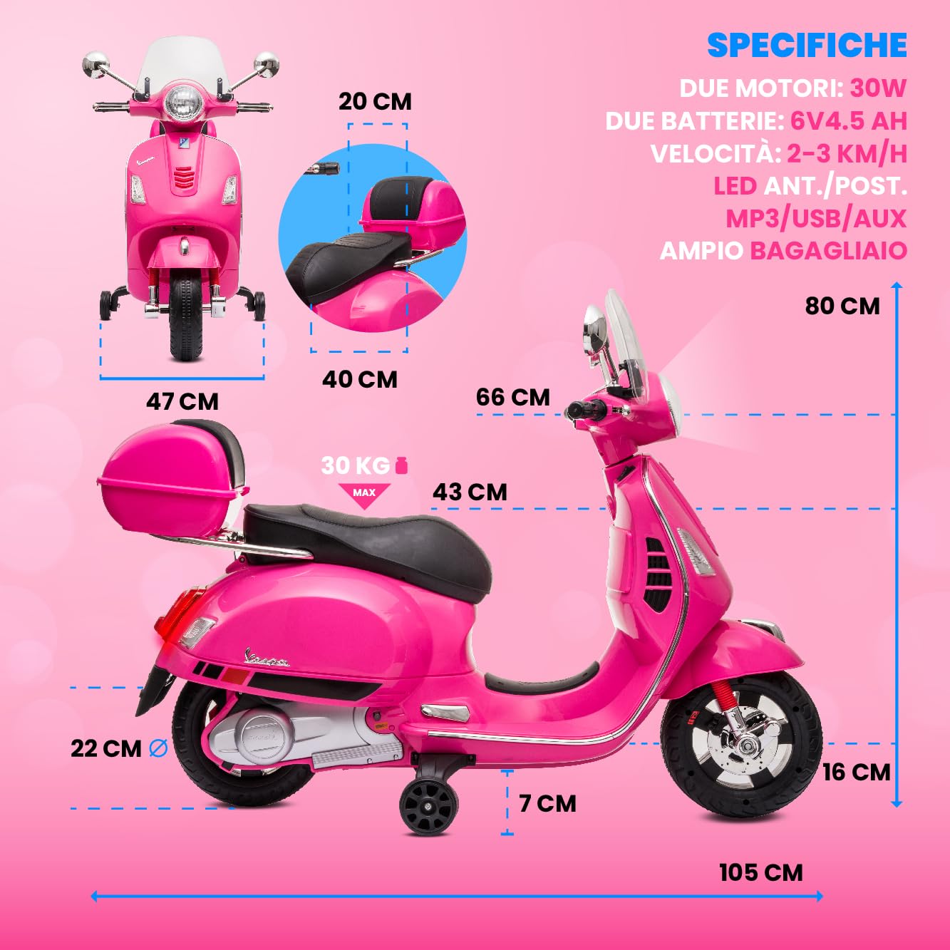 Moto elettrica per bambini Vespa, Motocicletta con ruote e sedile in plastica, bagagliaio, lettore MP3, presa AUX USD MicroSD (Fuchsia)