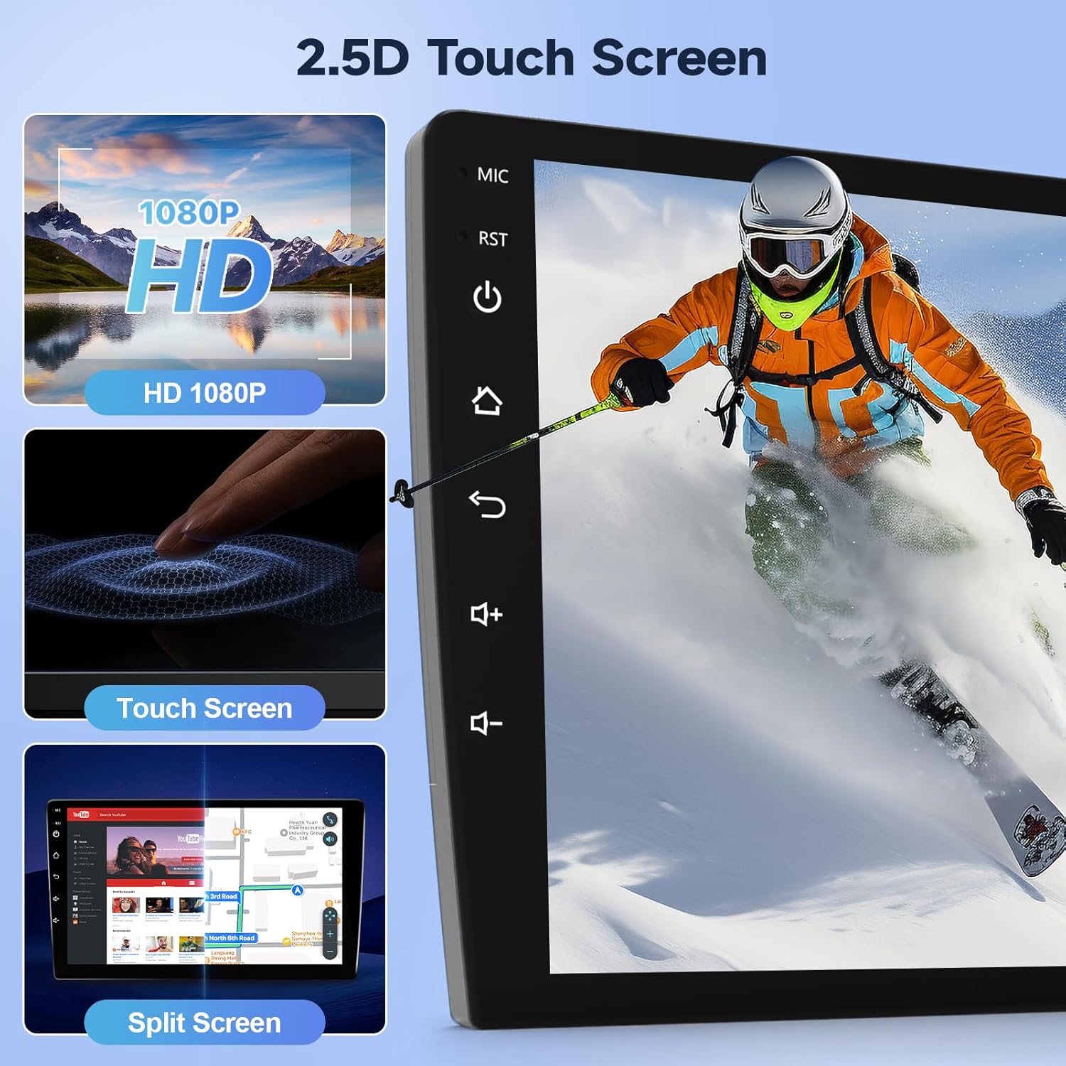 Image showcasing the 2.5D HD touchscreen with 1080P resolution, touch sensitivity, and split-screen capability displaying two applications simultaneously.