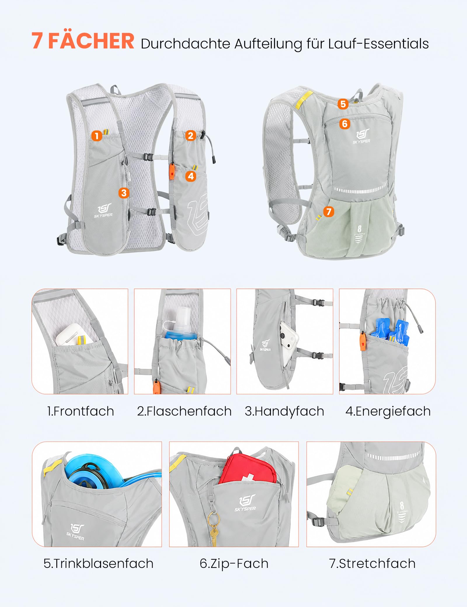 SKYSPER Laufweste Damen und Herren Laufrucksack 8L | mit Wasserdichter Handytasche und 500ml Trinkflasche, Leicht und Verstellbar für Jogging Trailrunning Marathon