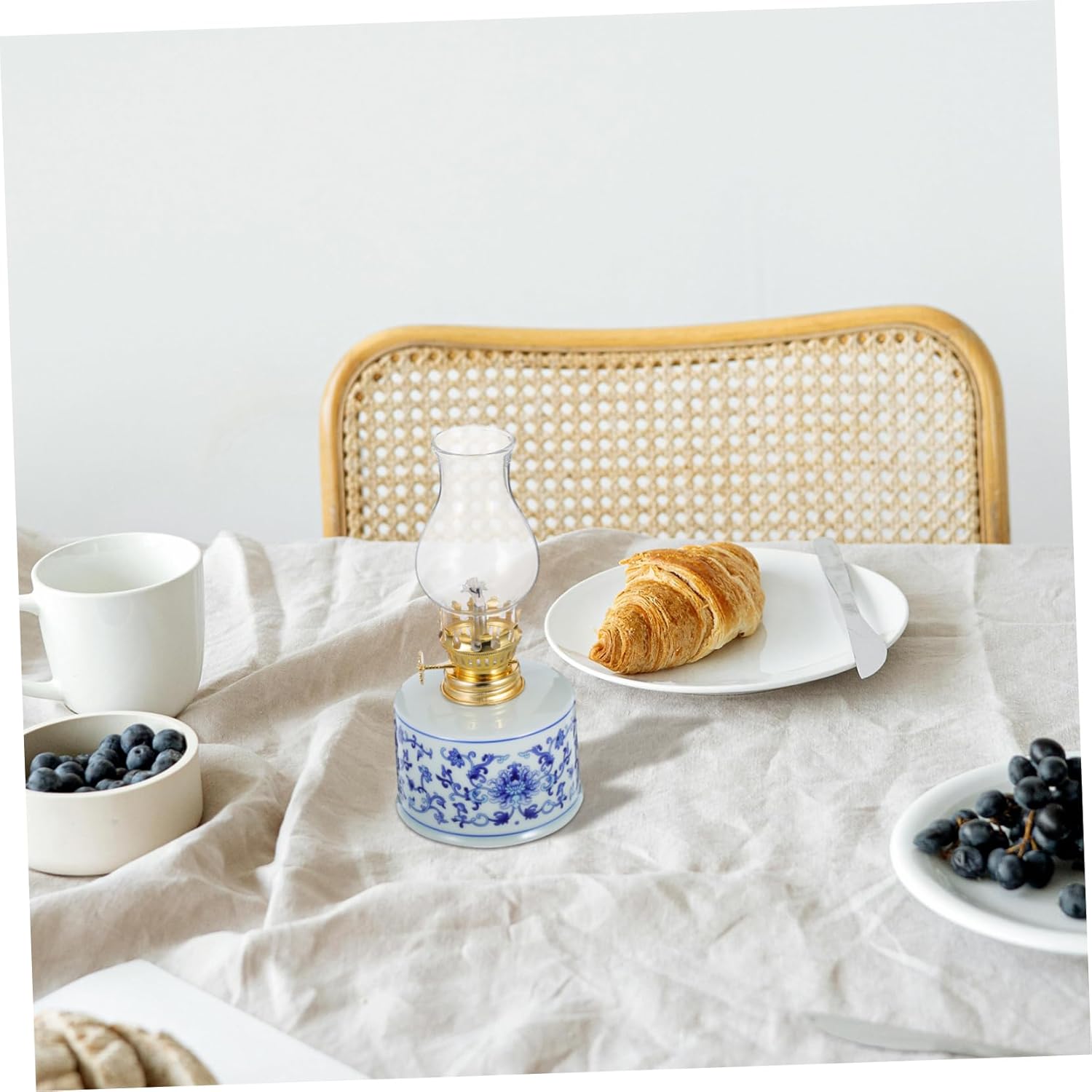 Vintage Glass Kerosene Lamp Elegant Blue and White Porcelain Hurricane Lantern for Indoor Lighting Rustic Oil Lamp for Home Decor Tea Rooms and Emergency Use
