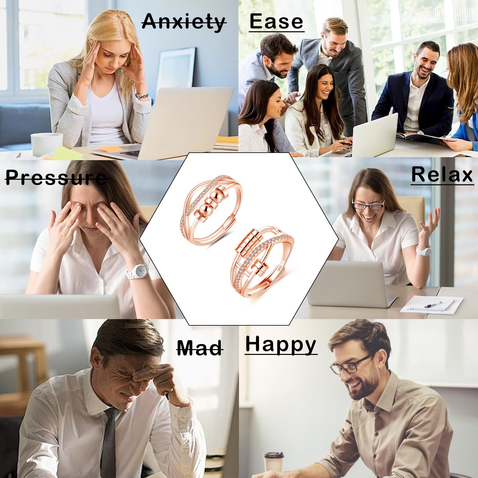 Srebrny pierścionek Anxiety dla kobiet, 2 sztuki, srebro wysokiej próby 925, antystresowe, zestaw pierścionków z perłami, cyrkonia, otwarte, regulowane, spinner, pierścień dekompresyjny, dla