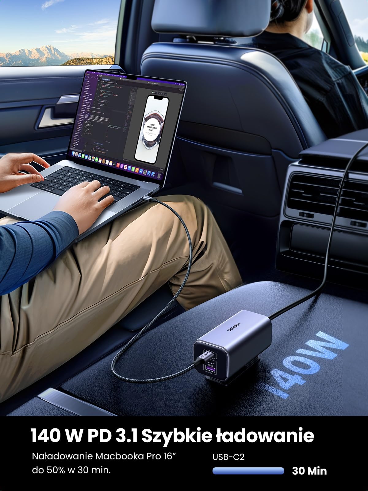 UGREEN 150W GaN zapalniczka samochodowa USB PD3.1 4-portowy rozdzielacz zapalniczki USB C kompatybilny z iPhone 17/16/15/14/13, MacBook Pro/Air, Surface Pro, Galaxy S25/S24/S23, iPad Pro itp.