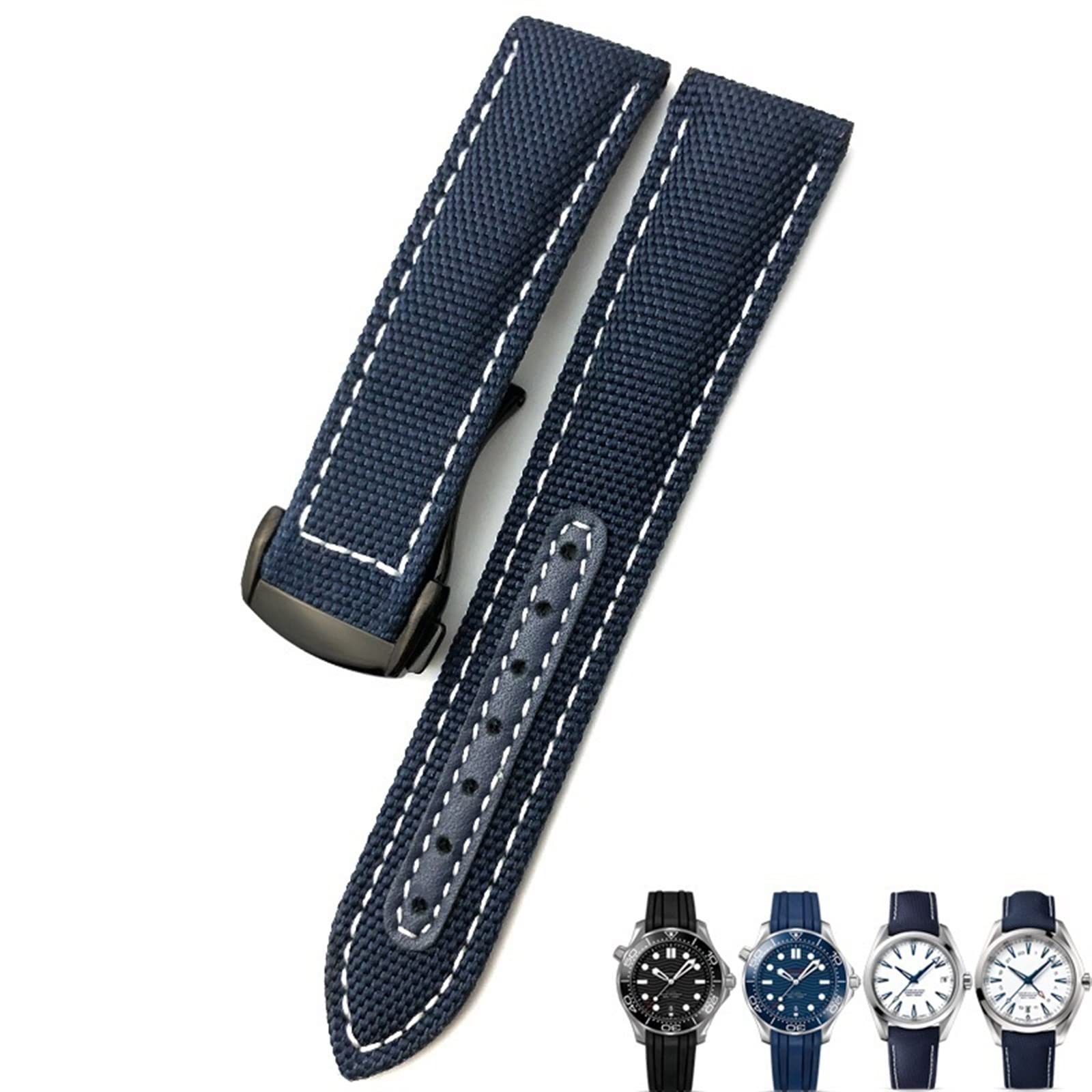 Cinturino per orologio in nylon intrecciato 19mm 20mm Cinturini per orologi in pelle con fibbia deployante blu nero per Omega AT150 AQUA TERRA Seamaster Tissot