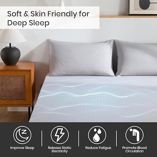 Miniatura 4 de Sábana bajera ajustable 12% de fibra plateada, hoja de 400 hilos con cable de conexión a tierra, promueve la relajación y una recuperación más
