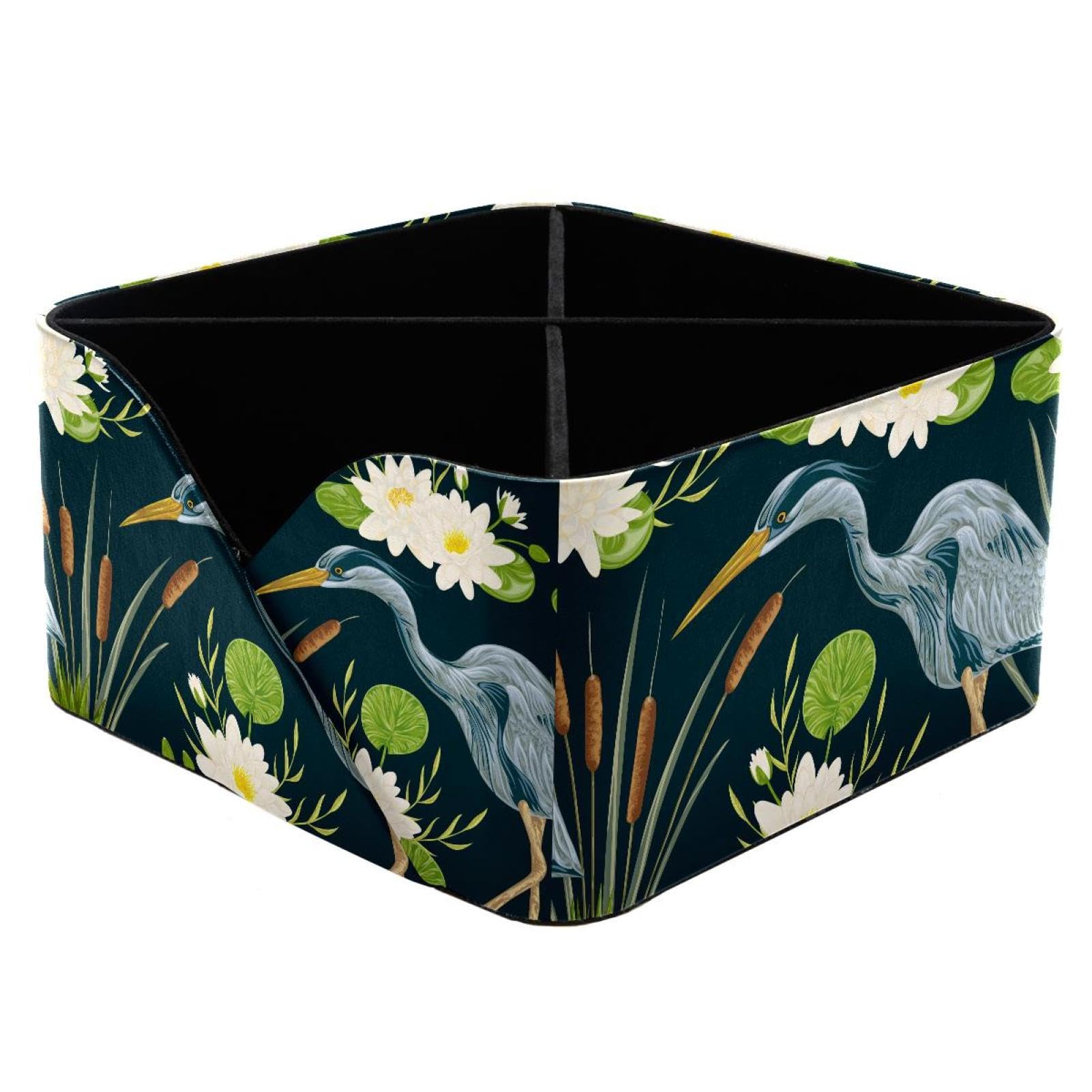 KengjuTesu Heron Bird Water Lily and Bulrush Desktop Organizer Pen Holder, Rectangular Pencil Cup for Office, Study and Makeup Stations