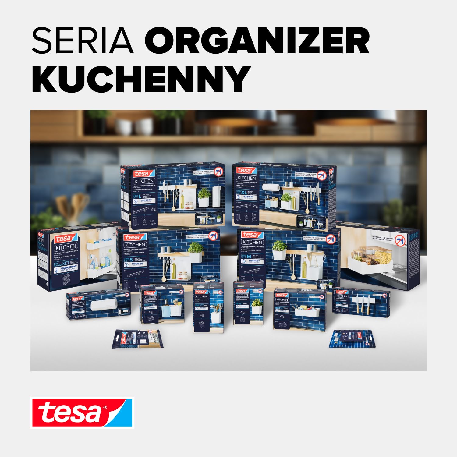 tesa Pull-Out wysuwana szuflada do kuchni - samoprzylepna wysuwana szuflada do szafek kuchennych - bez wiercenia - teleskopowa szuflada na przybory kuchenne