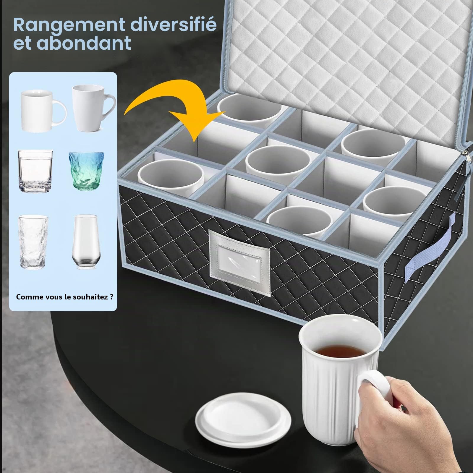 Lot de 2 boîtes de rangement empilables pour tasses et tasses à café avec séparateurs - Capacité : 24 verres