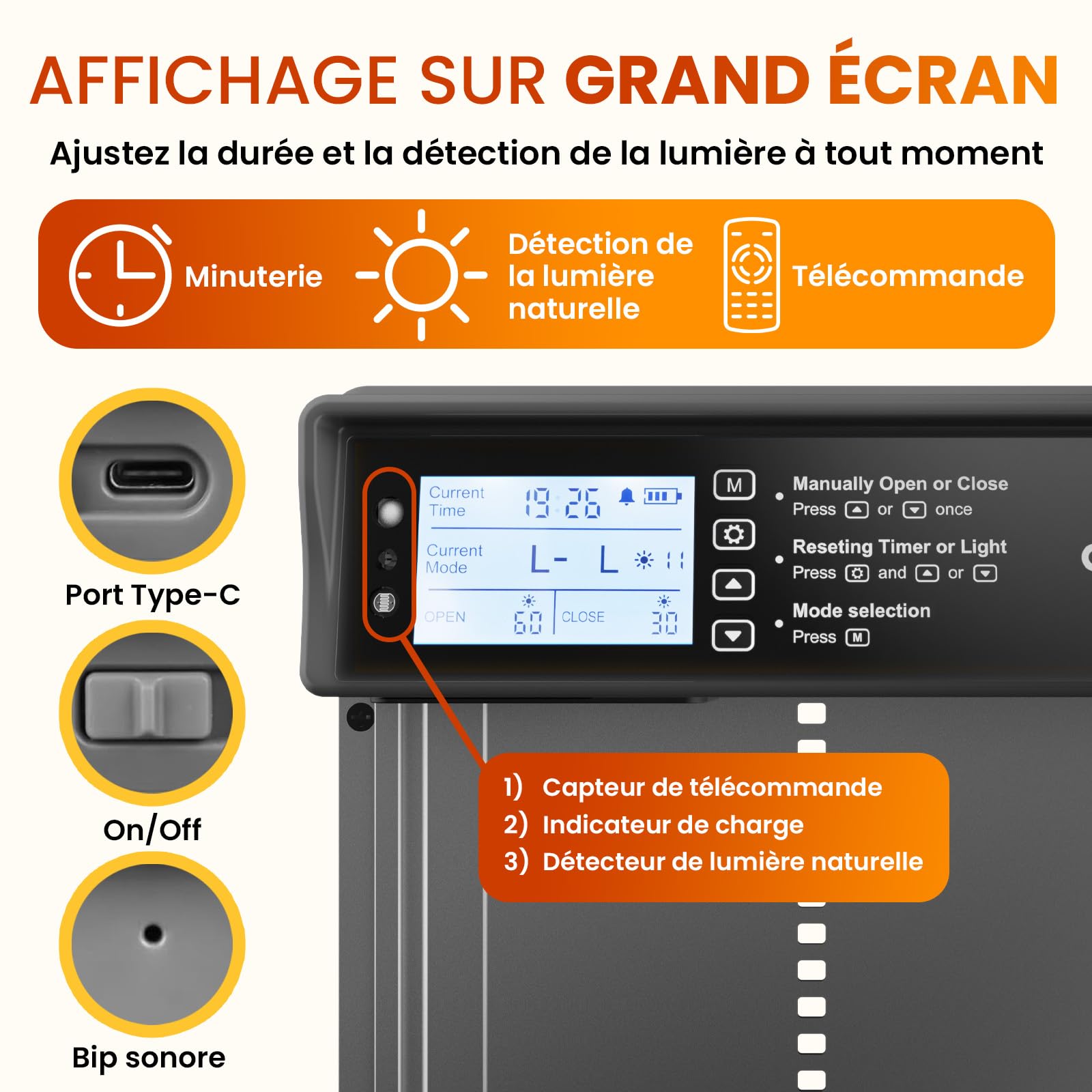 Okkobi Porte Automatique Poulailler Solaire - Ecran LCD - Télécommande, capteur de lumière et minuterie - Sécurité et tranquillité d'esprit : Fonction Anti-pincement - Protection 5 Ans