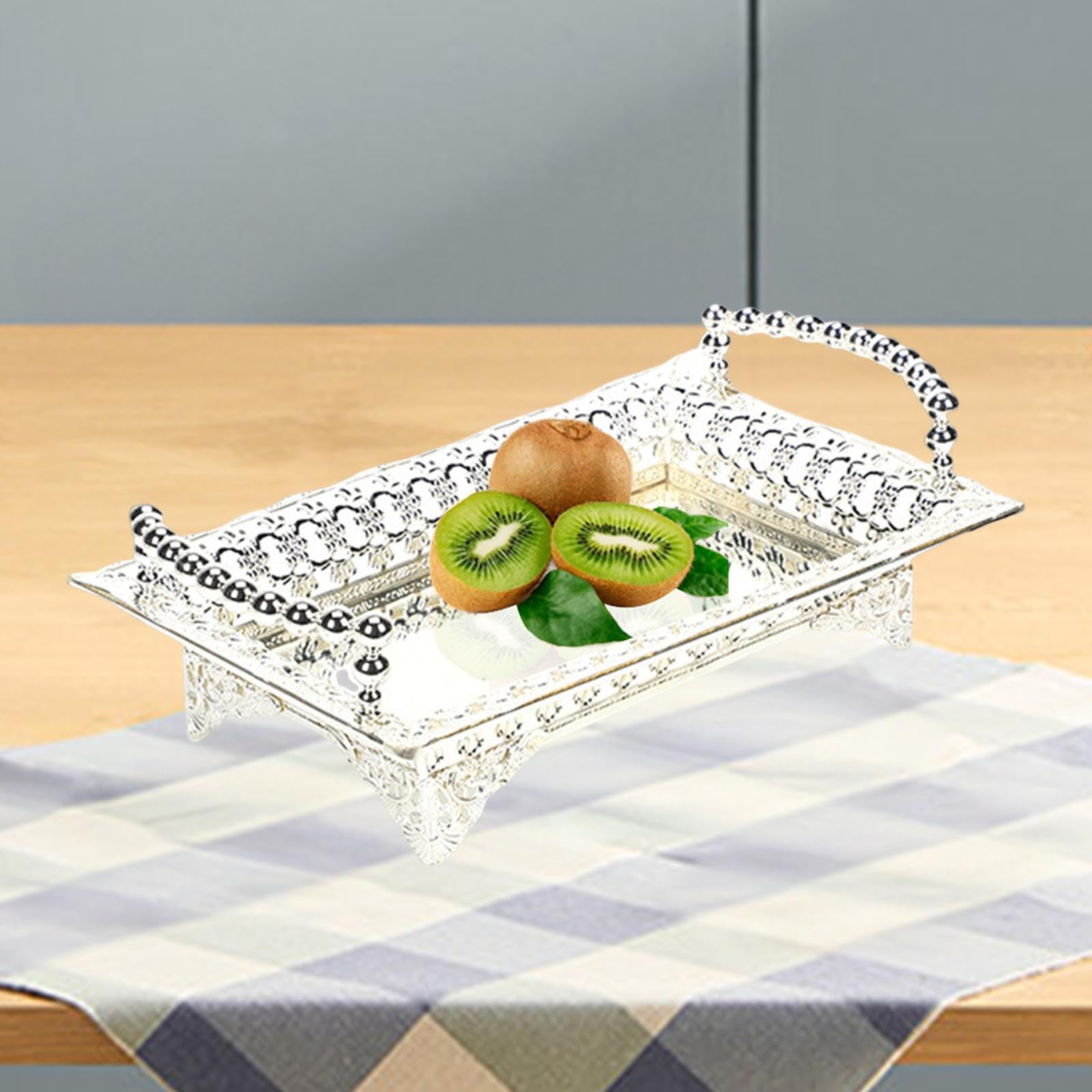 Serving Tray Tray for Serving Desserts and Fruits with Handle for Kitchen and Makeup Silver