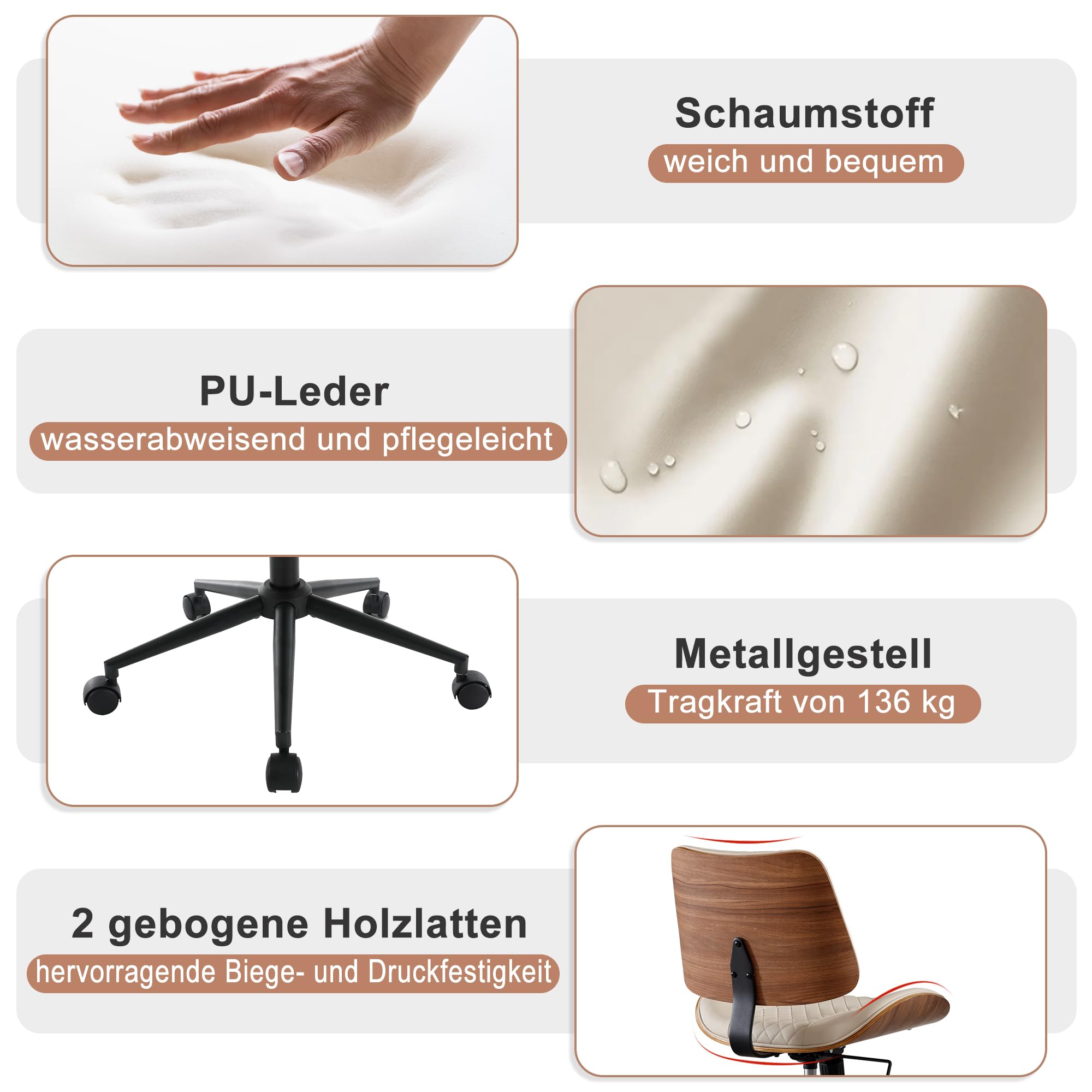 Bürostuhl ohne Armlehne Schreibtischstuhl Leder Holz Modern Homeoffice Chair Wippfunktion bis 136 kg Belastbar Höhenverstellbar 360° Drehstuhl für Arbeitszimmer Schlafzimmer Heimbüro Beige