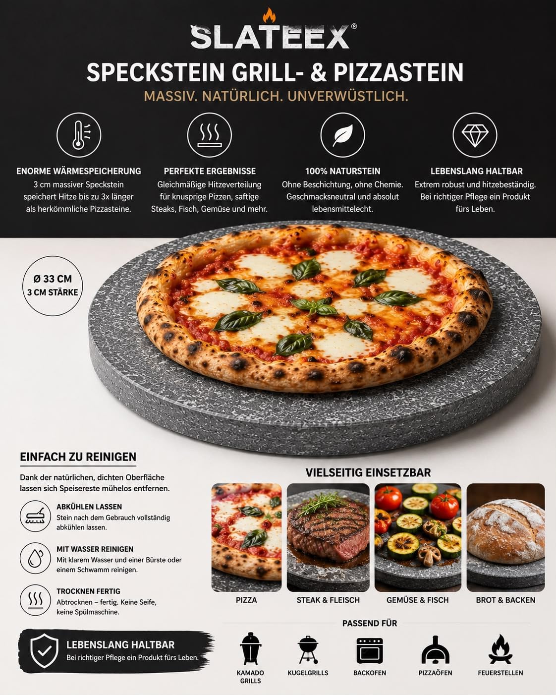 SLATEEX® Speckstein Grill- & Pizzastein Ø 33 cm | 3 cm Stärke | Naturstein | Für Monolith ICON, Kamado, Kugelgrill, Backofen & Pizzaofen 33 cm durchmesser masive stärke von 3cm | Made in Italy