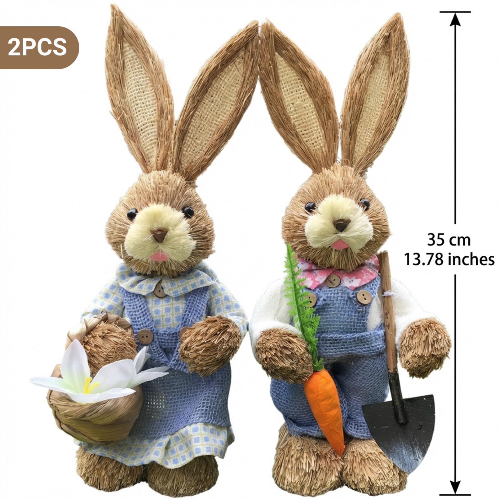 Jorzer Statuette di coniglietti pasquali, decorazioni per coniglietti in paglia blu per Pasqua, grandi decorazioni primaverili per la tavola di casa da 35 cm