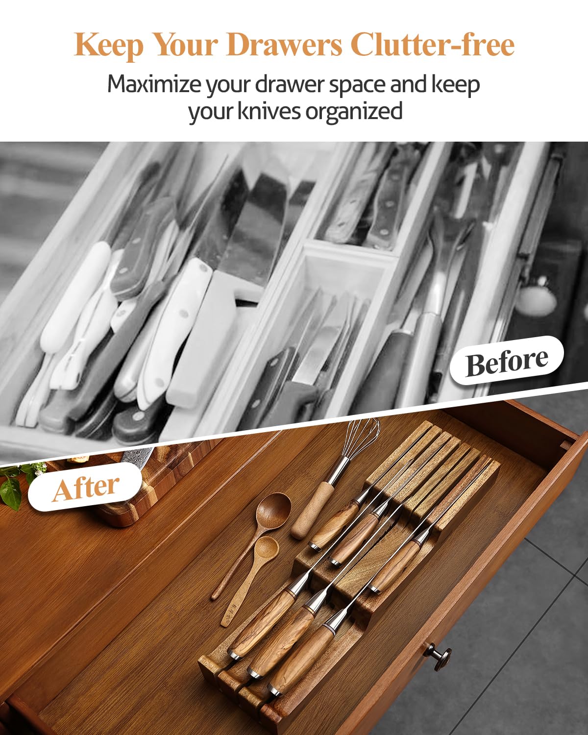 XINZUO Madera de Acacia de Bloque Portacuchillos para Cajones 43,6x11,5x5,3cm Reposacuchillos -Organizador de Cuchillos para Cajón para 3 Cuchillos Largos+4 Cortos (Sin Cuchillos)-Con Caja de Regalo