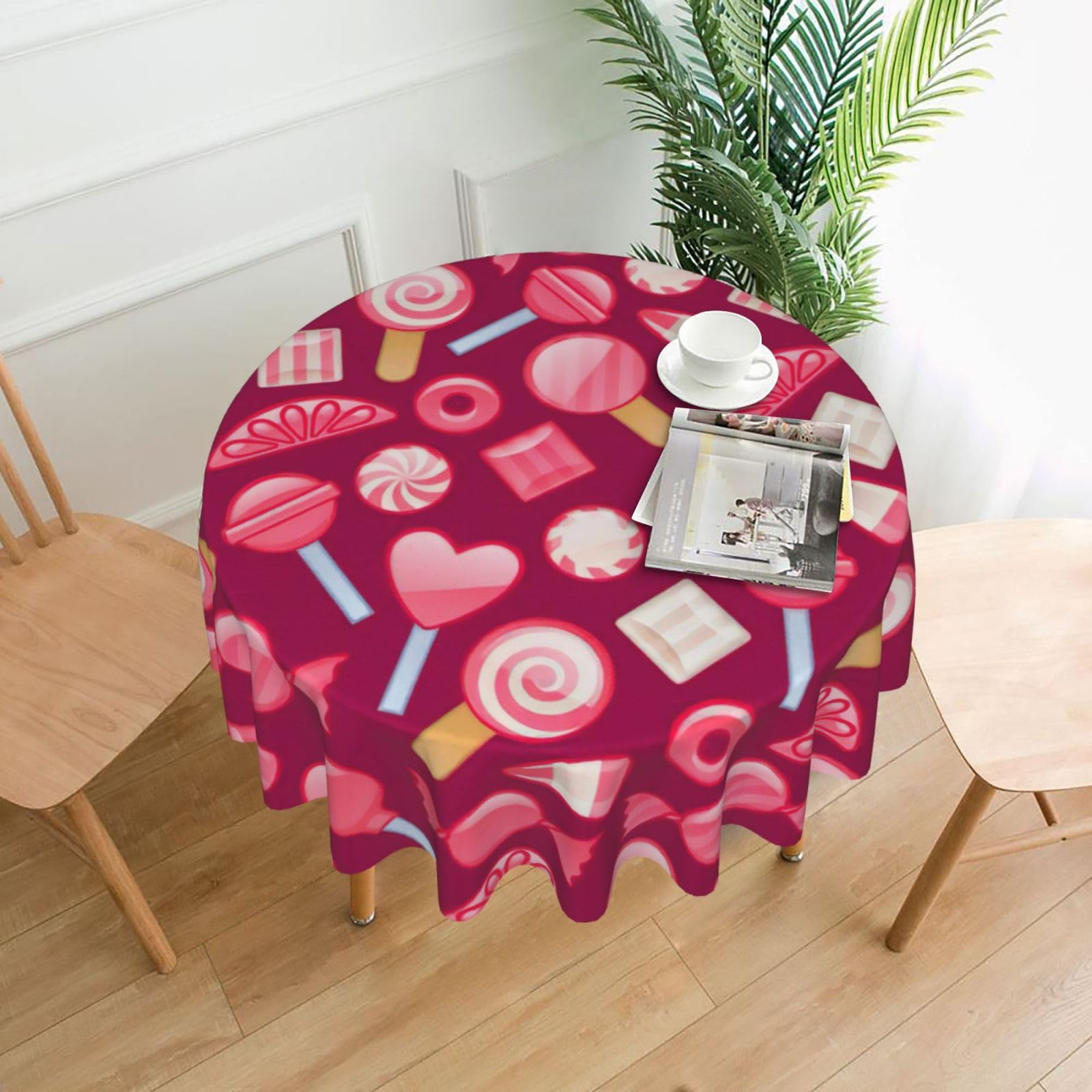 SDEGTHO Pink Candy Print Modern Retro Round Tablecloth 60in Polyester Fabric Cover for Party Dining Table Washable