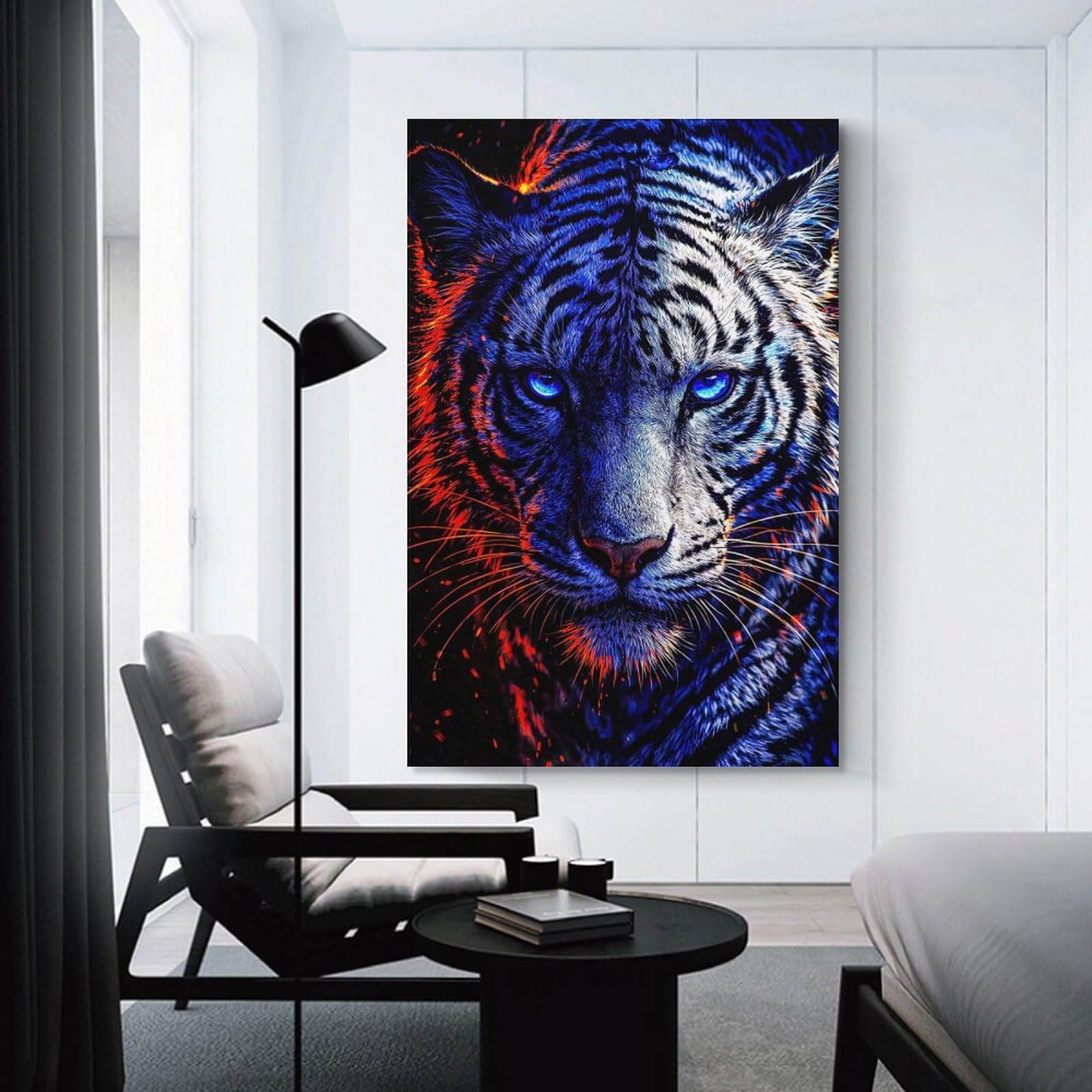 Junmoney Fiery Blue Tiger Portrait Hanging Wall Art, 20x30inch(50x75cm), for Living Room, Bedroom, Office Or Hallway, Decorative Artwork with Broad Appeal