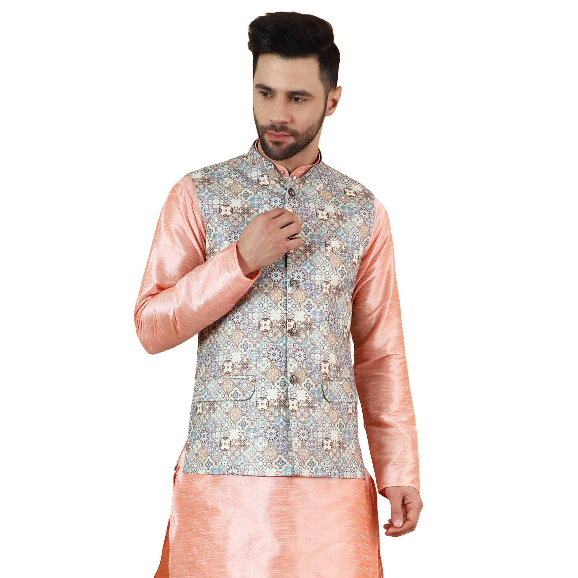 wintage Men's Digital Print Cotton Silk Grey Modi Nehru Jacket-picture-39