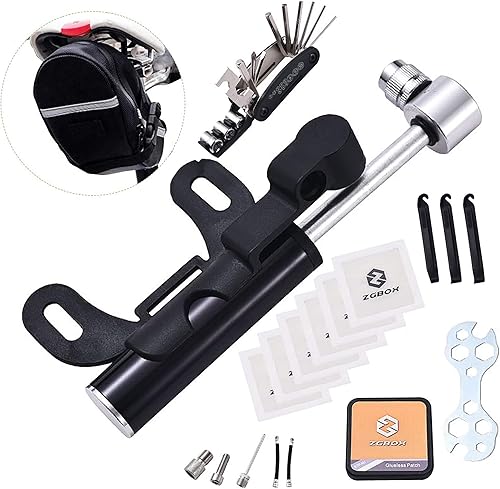 Miniatura 1 de Kit de herramientas de reparación multifunción para bicicleta y ciclismo con 16 en 1, bolsa de sillín de bicicleta, mini bomba de bicicleta de 120