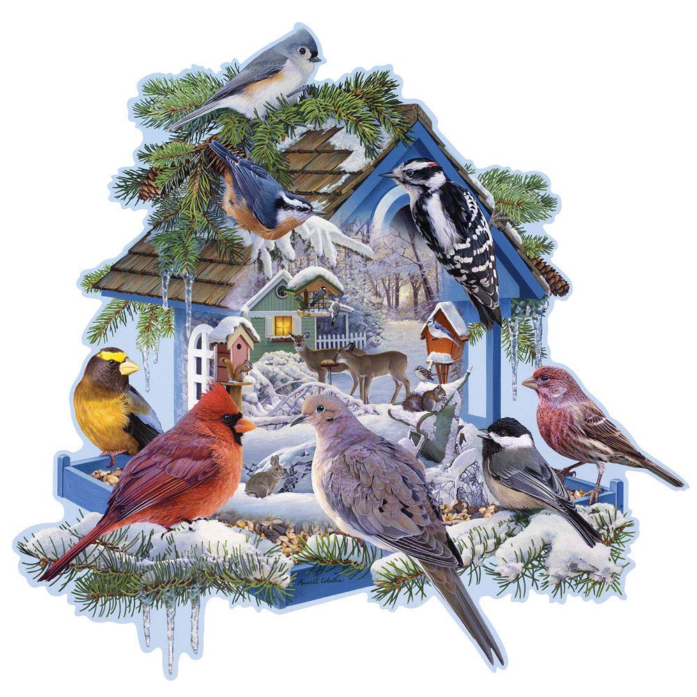 Bits and Pieces - 750 Piece Jigsaw Puzzle for Adults - Winter Bird Feeder - Snowy Birdhouse Jigsaw Puzzle by Artist Russel Cobane, Completed Puzzle Size: 22" x 26"