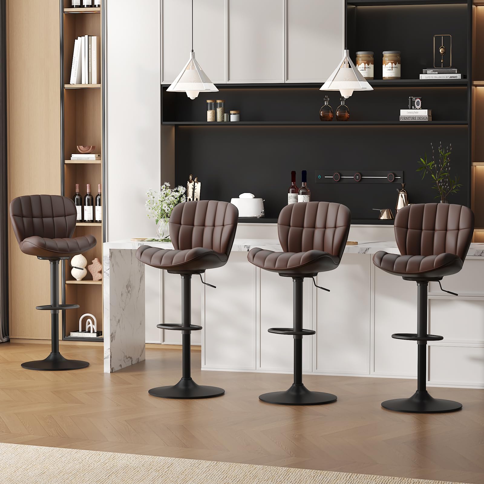 Ckaff Bar Stools Set of 4, Adjustable Faux Leather Upholstered Swivel Bar Stools, Counter Height Bar Chairs with Backrest and Footrest for Kitchen Island Living Room Dining Room Bar, Brown