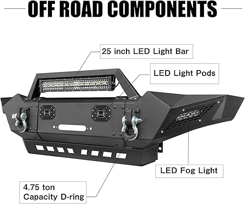 Miniatura 2 de Parachoques delantero para Tacoma, AAIWA Pickup Truck Off Road Parachoques con placa de montaje de cabrestante, 5 luces LED y anillo en D compatible