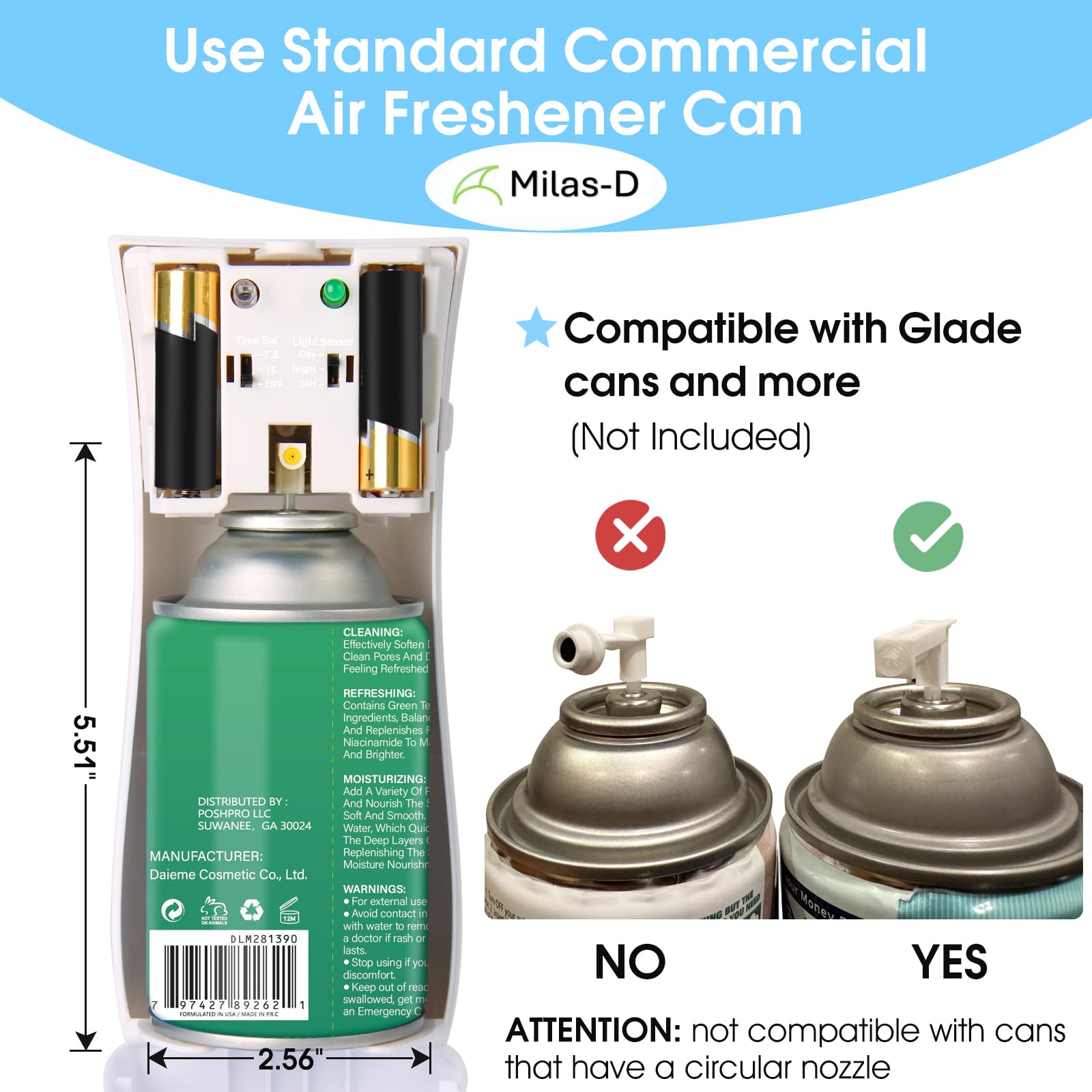 Dispenser automatico spray deodorante per ambienti per uso domestico e commerciale, montaggio a parete o autoportante, compatibile con Glade e Air Wick, bianco Milas-D