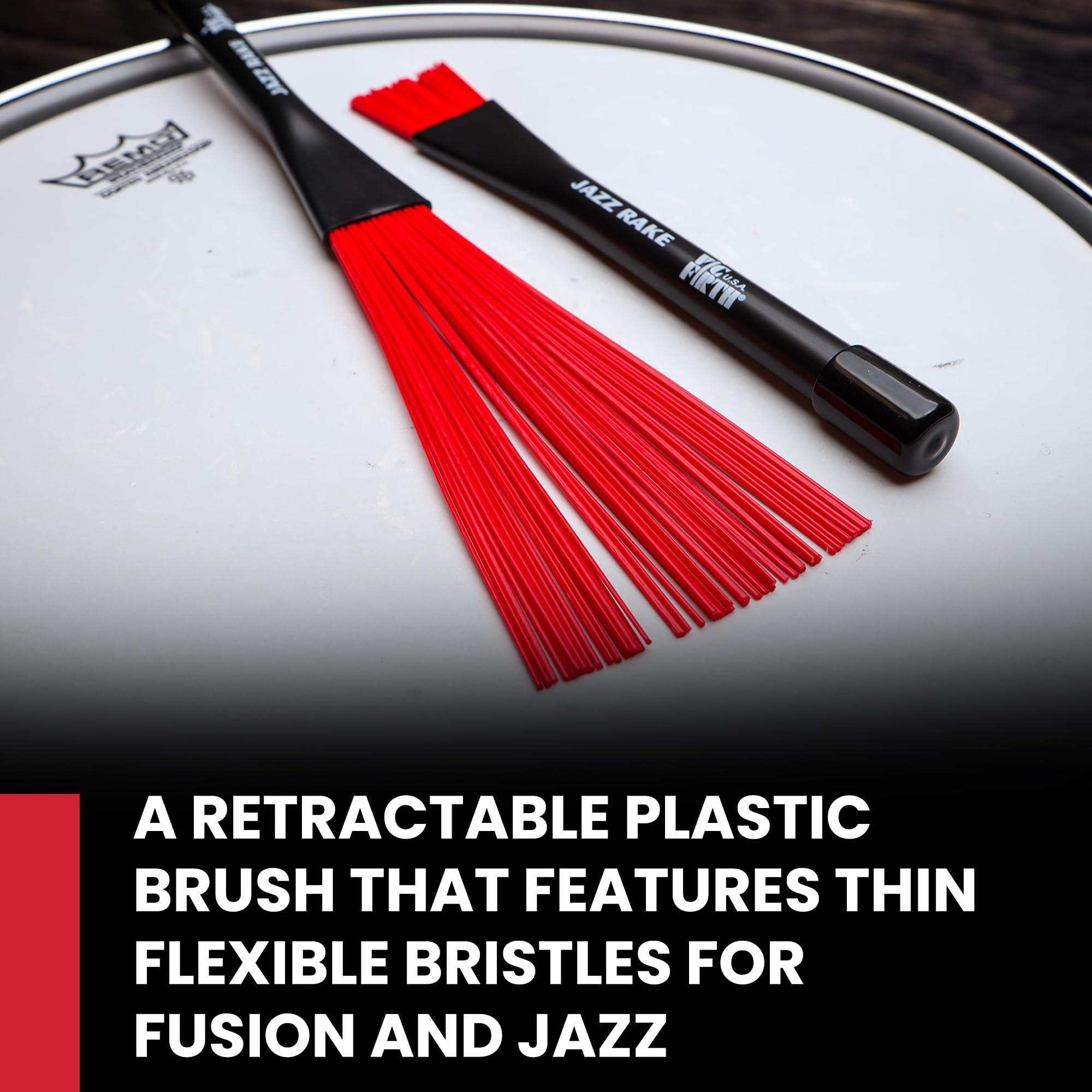 Vic FIrth - Jazz Rake Drum Szczotki - Chowane - Czerwona plastikowa szczotka - Czarny uchwyt