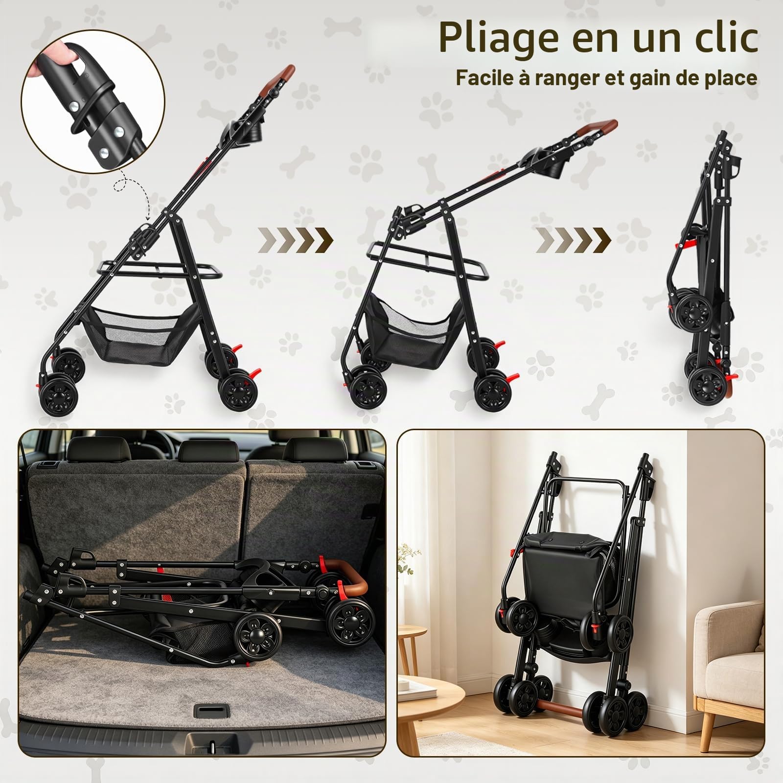 Poussette 3 en 1, pour chiens de taille moyenne, pliable, jusqu'à 20 kg, avec espace de rangement, siège auto amovible et compartiment alimentaire