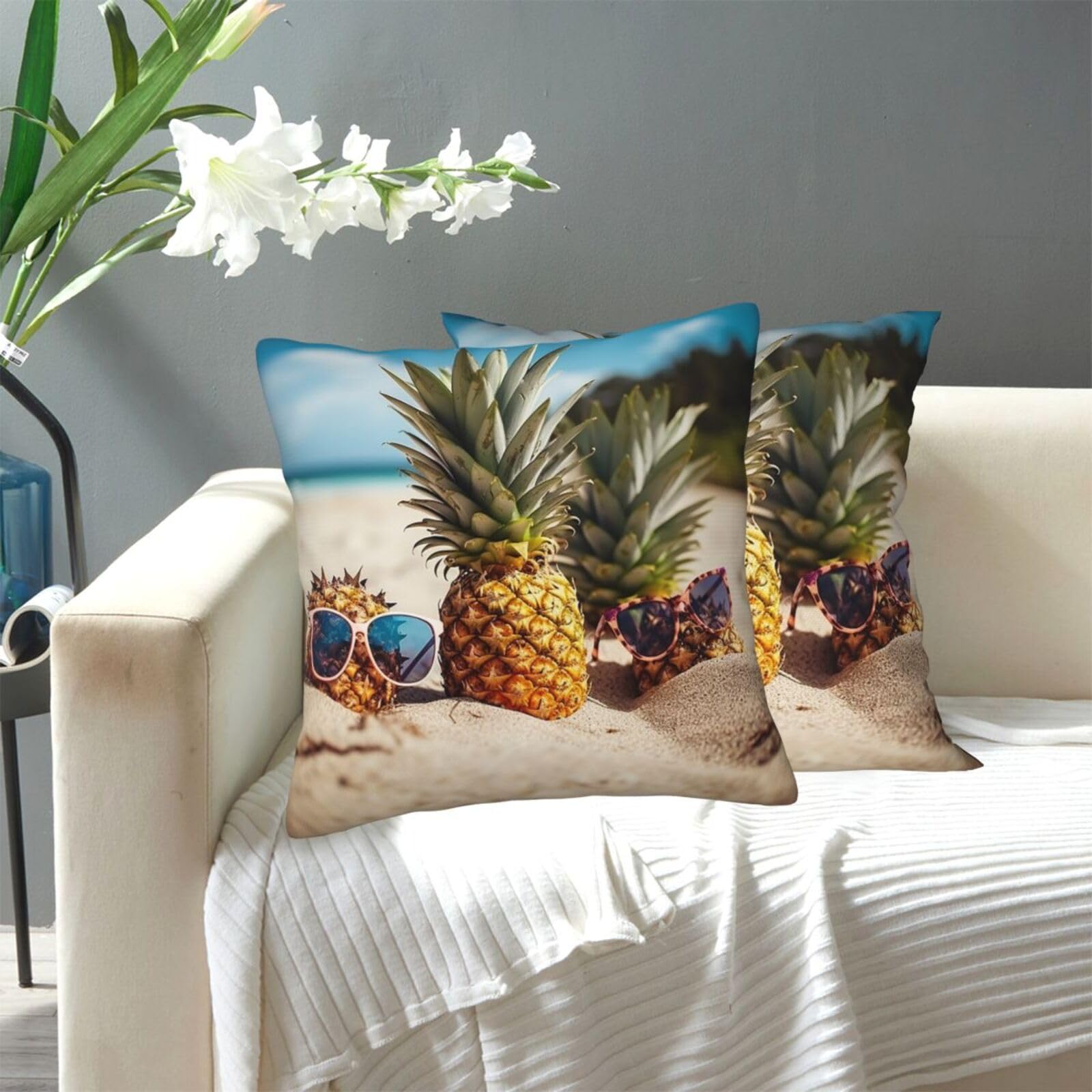 FekiLoot Decorative Throw Pillow Covers Modern Farmhouse Pillowcase Double Sided Cozy Cushion Cover for Sofa Couch Bed 18"X18" Pineapple Fruit Sunglasses Sand Beach