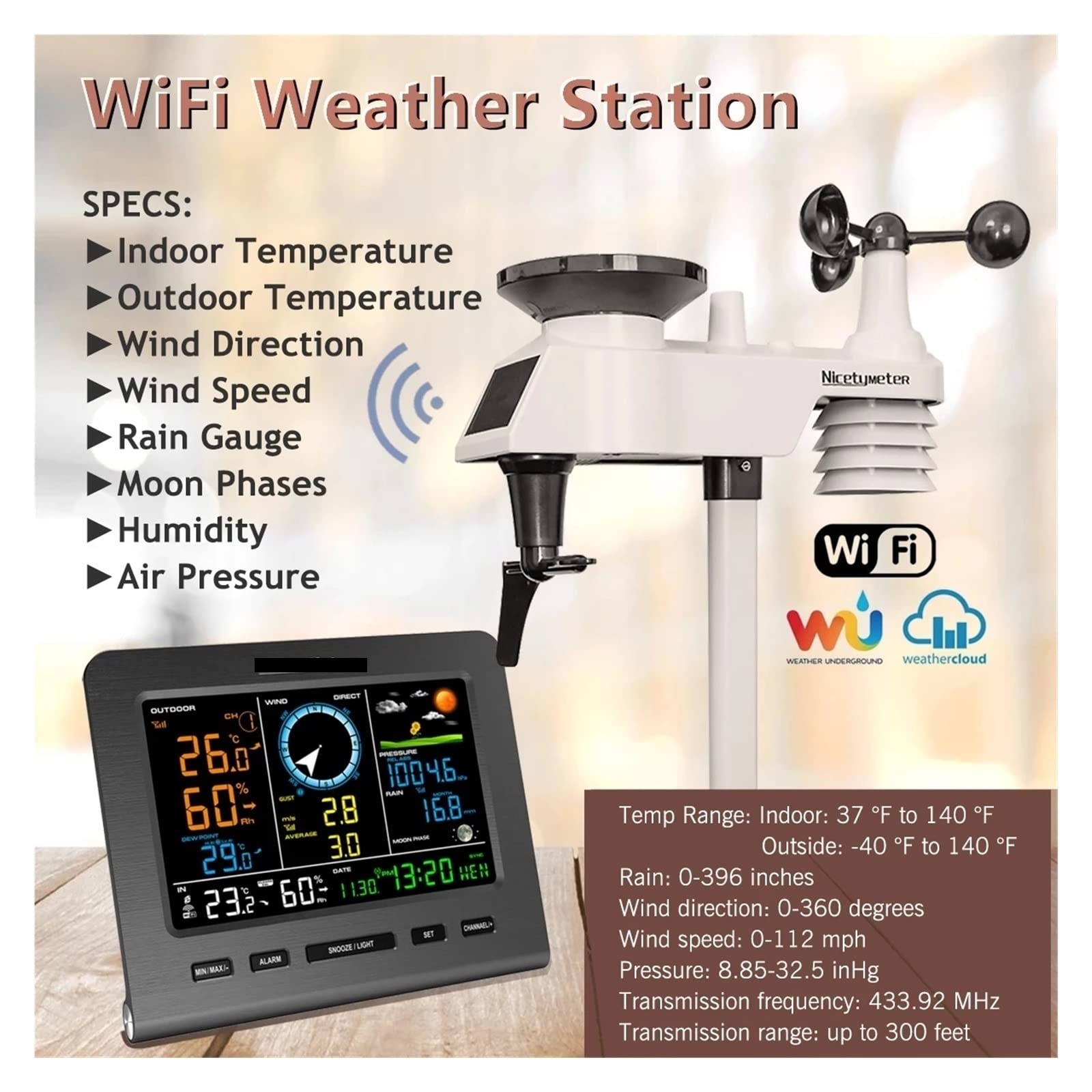 Stacja meteorologiczna, Internet bezprzewodowa stacja pogodowa prognoza pogody temperatura ciśnienie wilgotność wiatr miernik deszczu księżyc fraza budzik Tester(Radio Transmission)