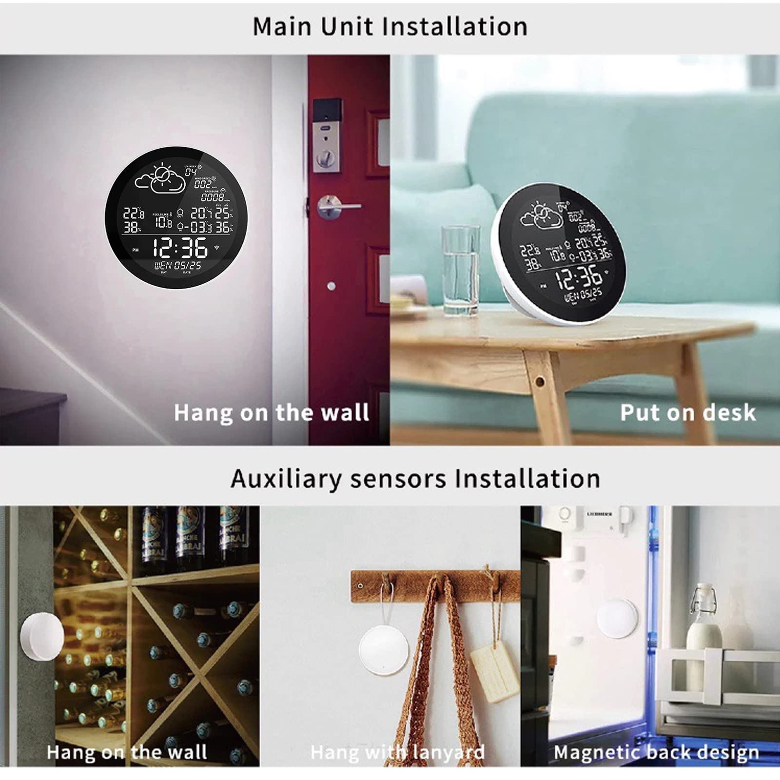 Stacja pogodowa WiFi Smart z pilotem Tuya APP i czujnikami, miernik temperatury i wilgotności wewnątrz i na zewnątrz, duży kolorowy wyświetlacz, zegar pogodowy, barometryczny, z 3