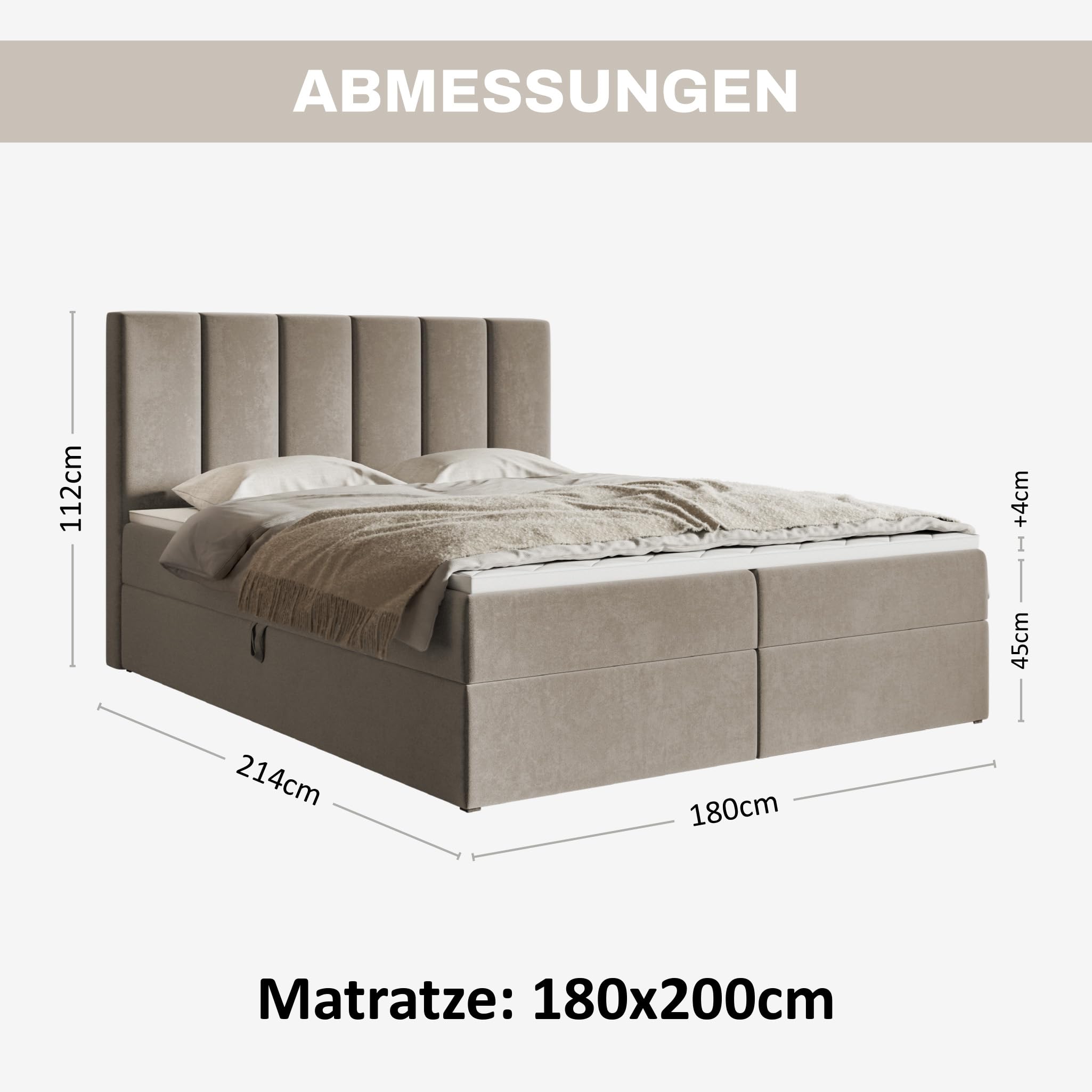 MOTIVENA Santiago Boxspringbett 180x200 Beige Samt, mit Taschenfederkern-Matratze (H3), mit T28 Komfortschaumstoff Topper (H3), Boxspringbett 180x200 mit Bettkasten Beige (Dunkelbeige)