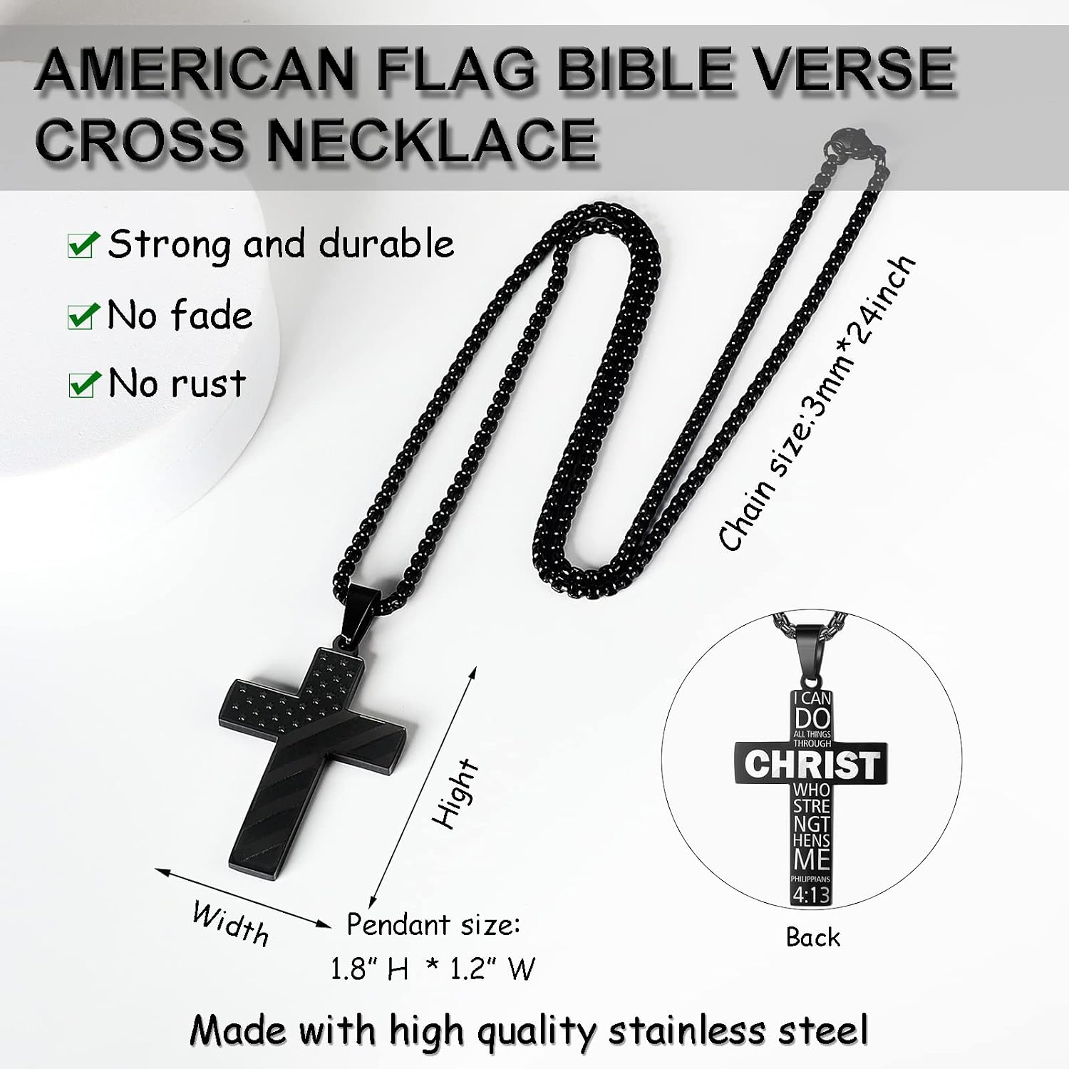 ZRAY American Flag Cross Necklace for Men Stainless Steel Chain 24inch Bible Verse Pendant Patriotic Jewelry Inspirational Christian Gift for Men