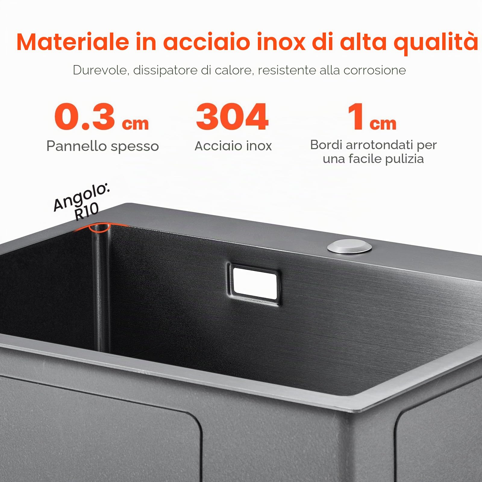 VEVOR Lavello da Cucina da 55 cm Lavello da Cucina in Acciaio Inossidabile 304 con Montaggio dall'Alto, Lavello Singolo da Incasso in Stile Country con Accessori, Lavello Domestico per Camper, Nero