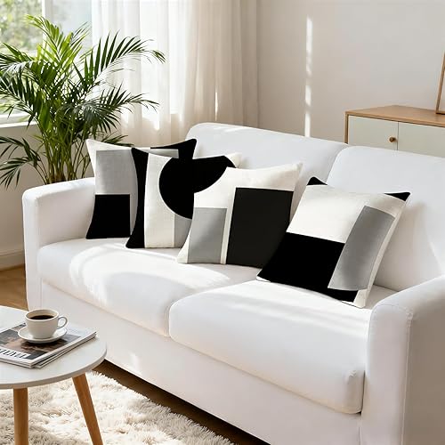 Miniatura 2 de Juego de 4 fundas de almohada modernas con bloques de color negro, blanco y gris, 18 x 18 pulgadas, fundas de cojín geométricas abstractas para