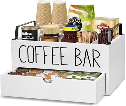 Organizador de estación de café con cajón, organizador de accesorios de barra de café de madera para mostrador, caja de almacenamiento de cápsulas
