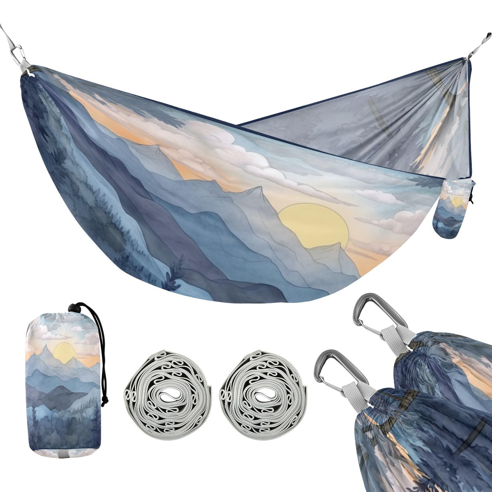 Haskirky Sunset with Mountains Camping Hammock, Single Portable Hammocks with Tree Straps & Attached Carry Bag, 330Lbs Capacity Perfect for Outside Indoor Hiking Beach Backpack Travel