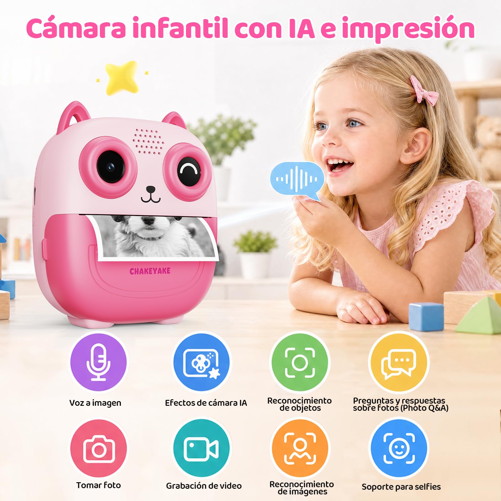 CHAKEYAKE Camara Fotos Infantil Instantanea, Reconocimiento de Voz e Imagen AI, Cámara Digital Infantil 2.4 Pulgadas, Fotografía y Vídeo, Pegatinas Creativas, Filtros, Regalo para Niños Niñas, Rosa