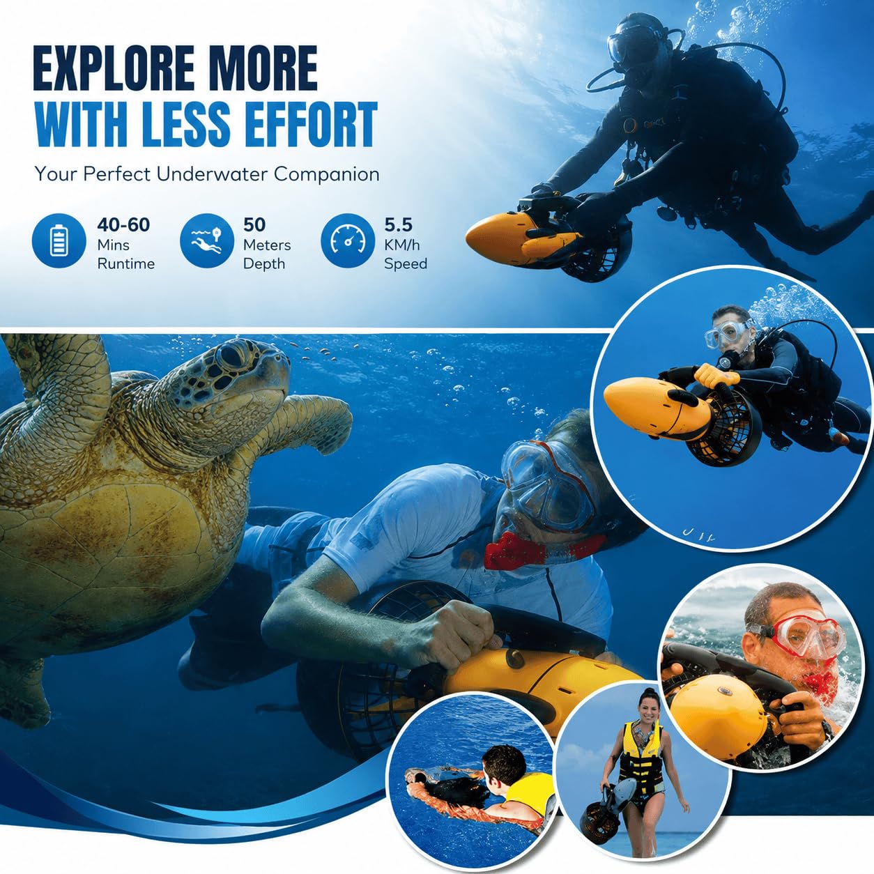 Vehículo Submarino de propulsión Buceo Sea Scooter, Seascooter De 500 W | Hélice de Buceo de 5,4 km/h, Scooter de Buceo Impermeable de Larga duración para Buceo, natación y fotografía submarina